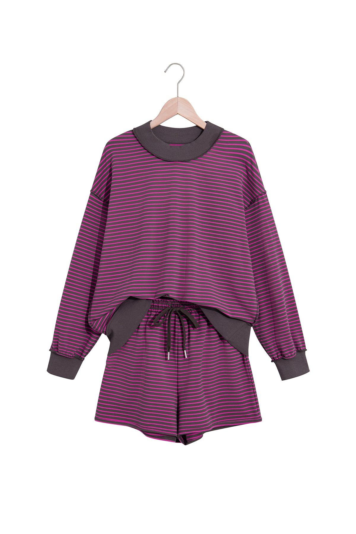 Stripe Ribbed Mock Neck Baggy Pullover Shorts Set