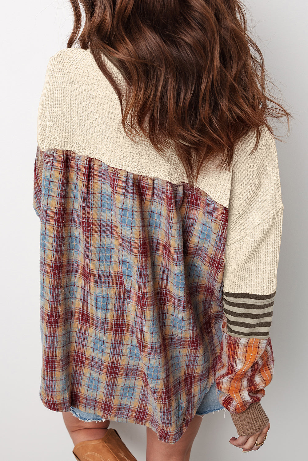 Waffle Stripe Plaid Henley Knit Top
