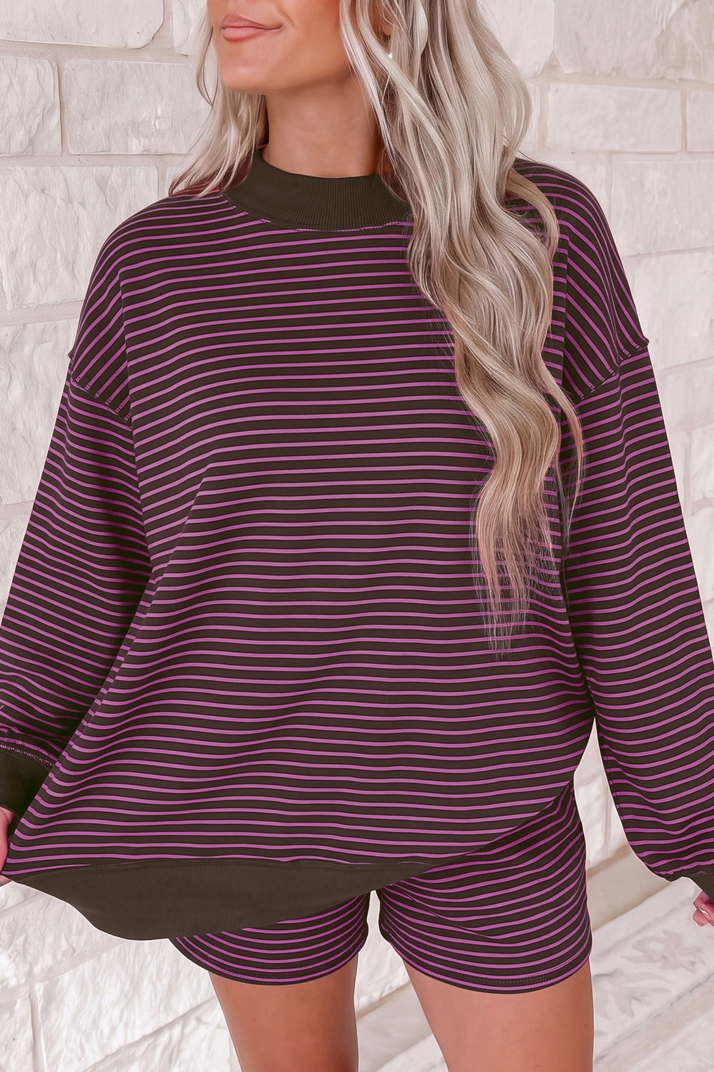 Stripe Ribbed Mock Neck Baggy Pullover Shorts Set