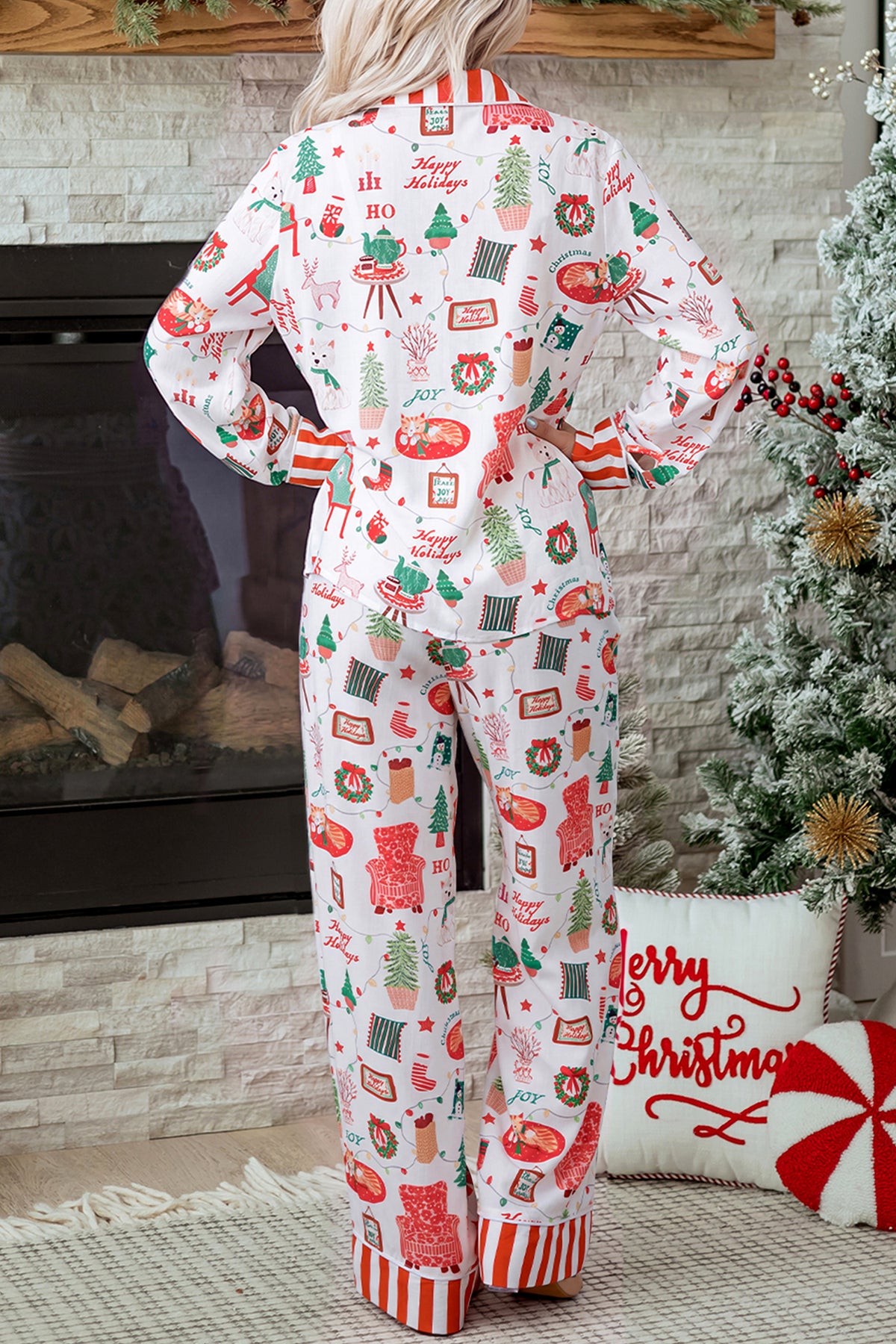 White Holiday Long Sleeve Two Piece Lounge Set