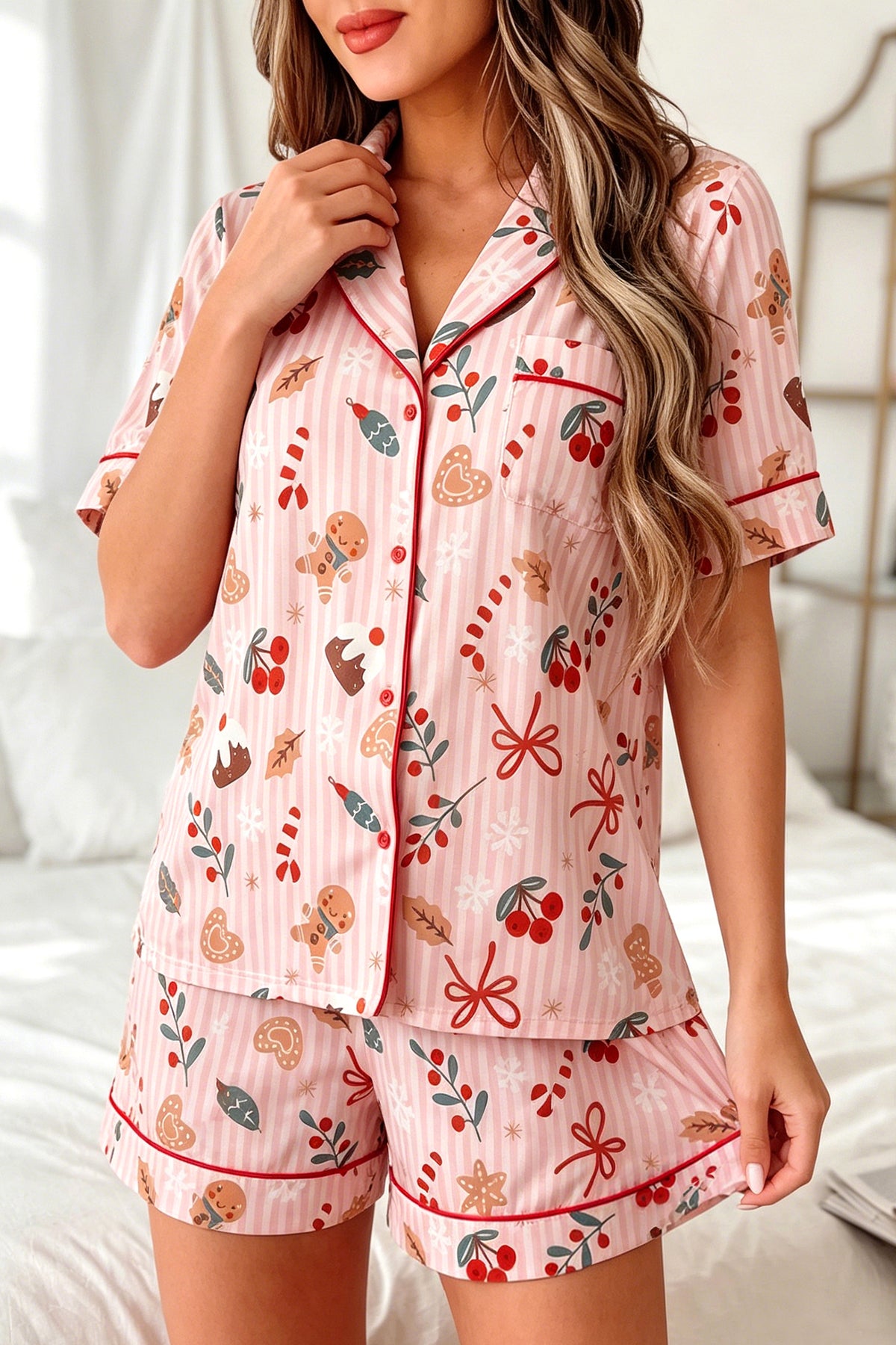 Pink Christmas Print Short Sleeve Two Piece Lounge Set