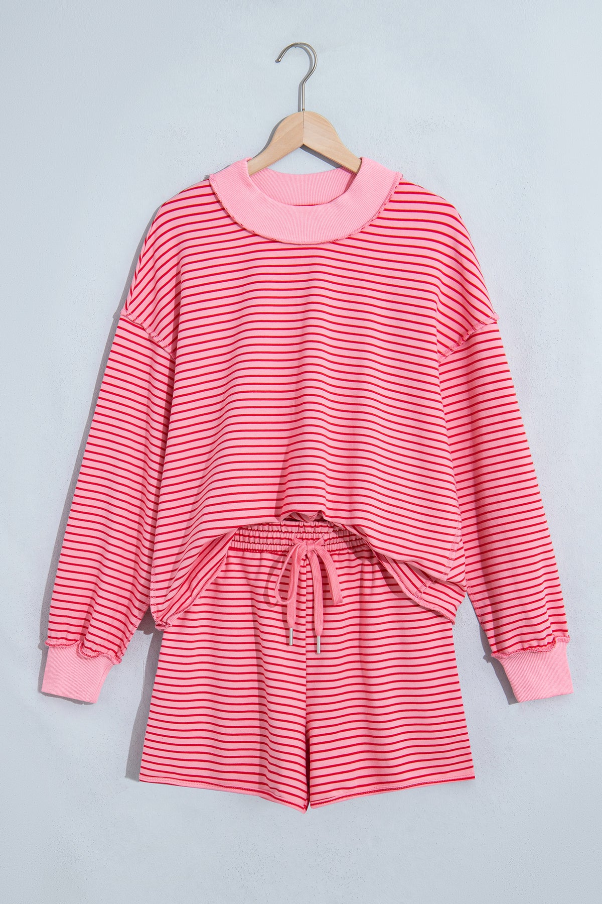 Stripe Ribbed  Mock Neck Baggy Pullover Shorts Set