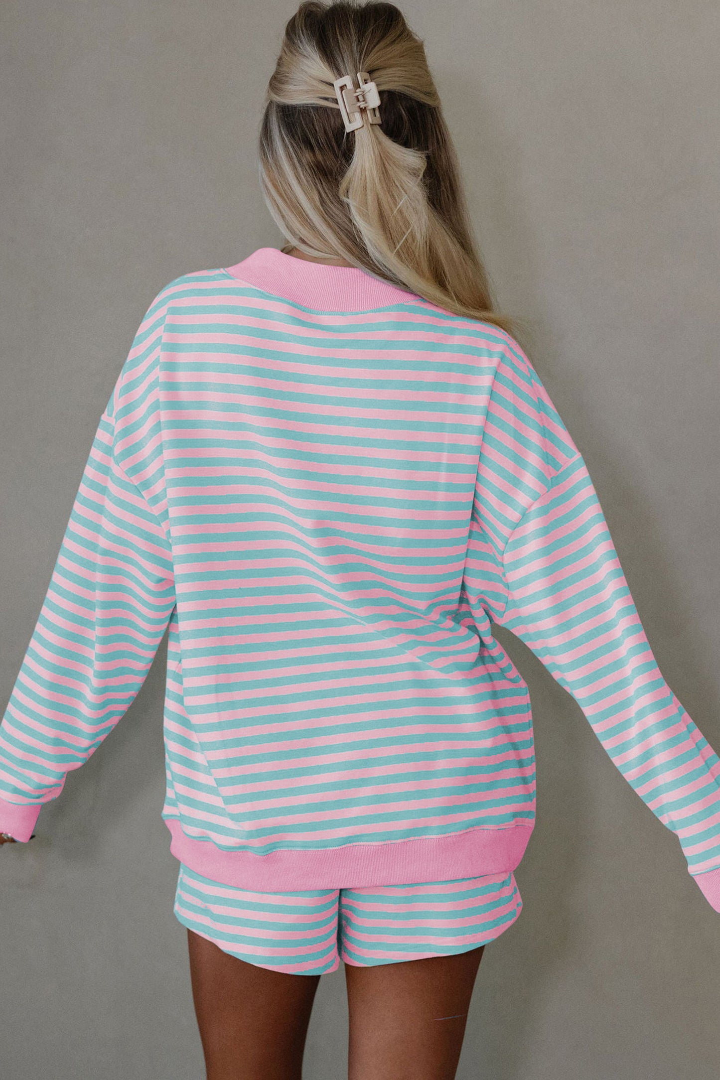 Striped Color Block Long Sleeve Pullover and Short Set