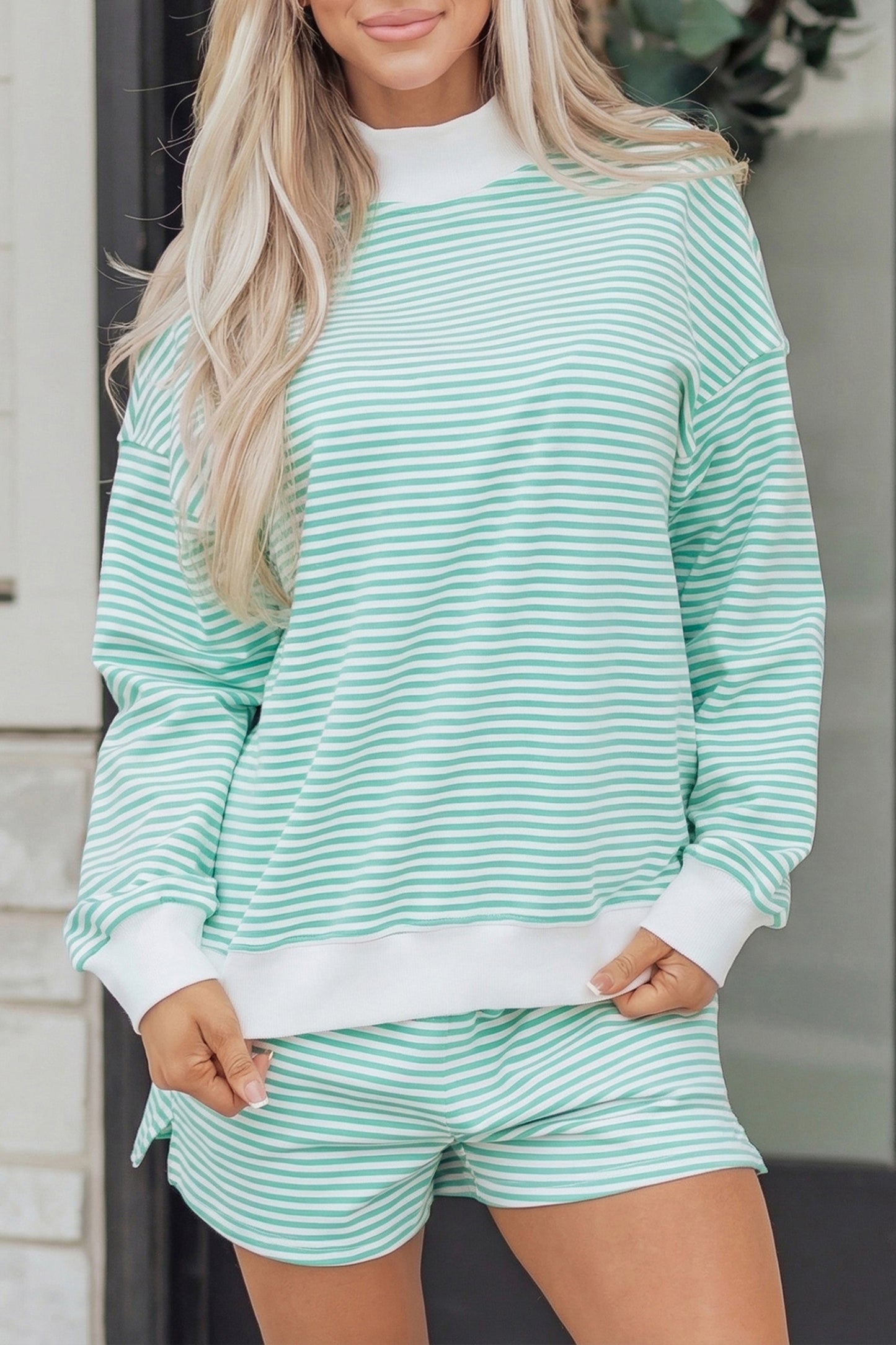 Red Stripe Oversize Mock Neck Sweatshirt & Shorts Set