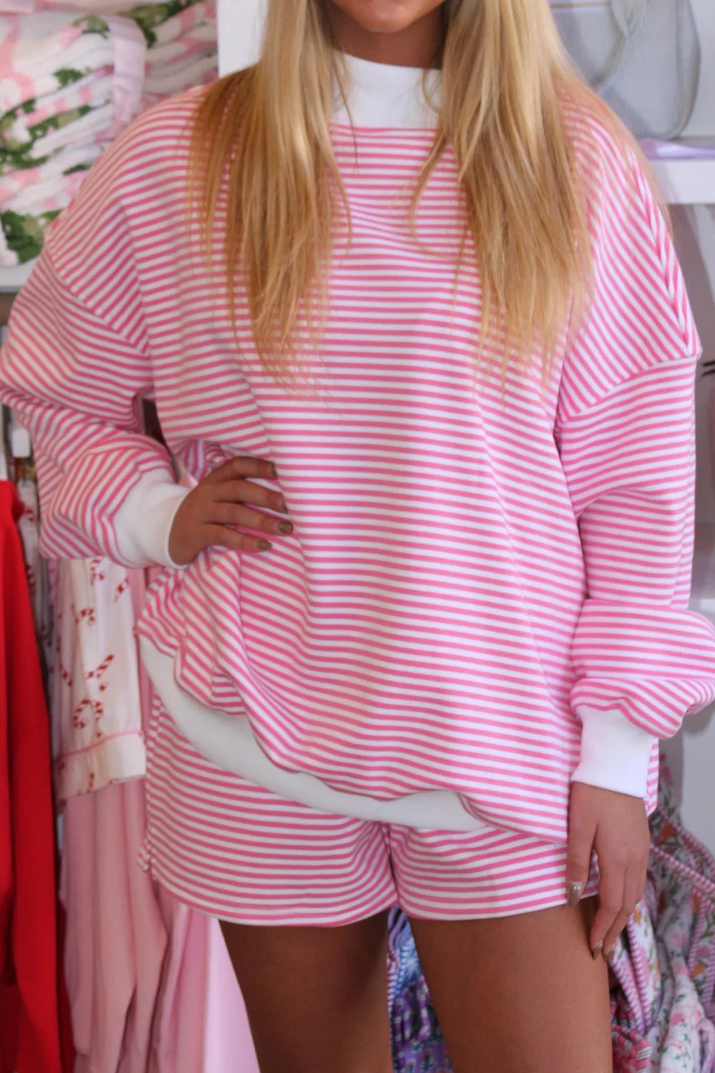 Red Stripe Oversize Mock Neck Sweatshirt & Shorts Set