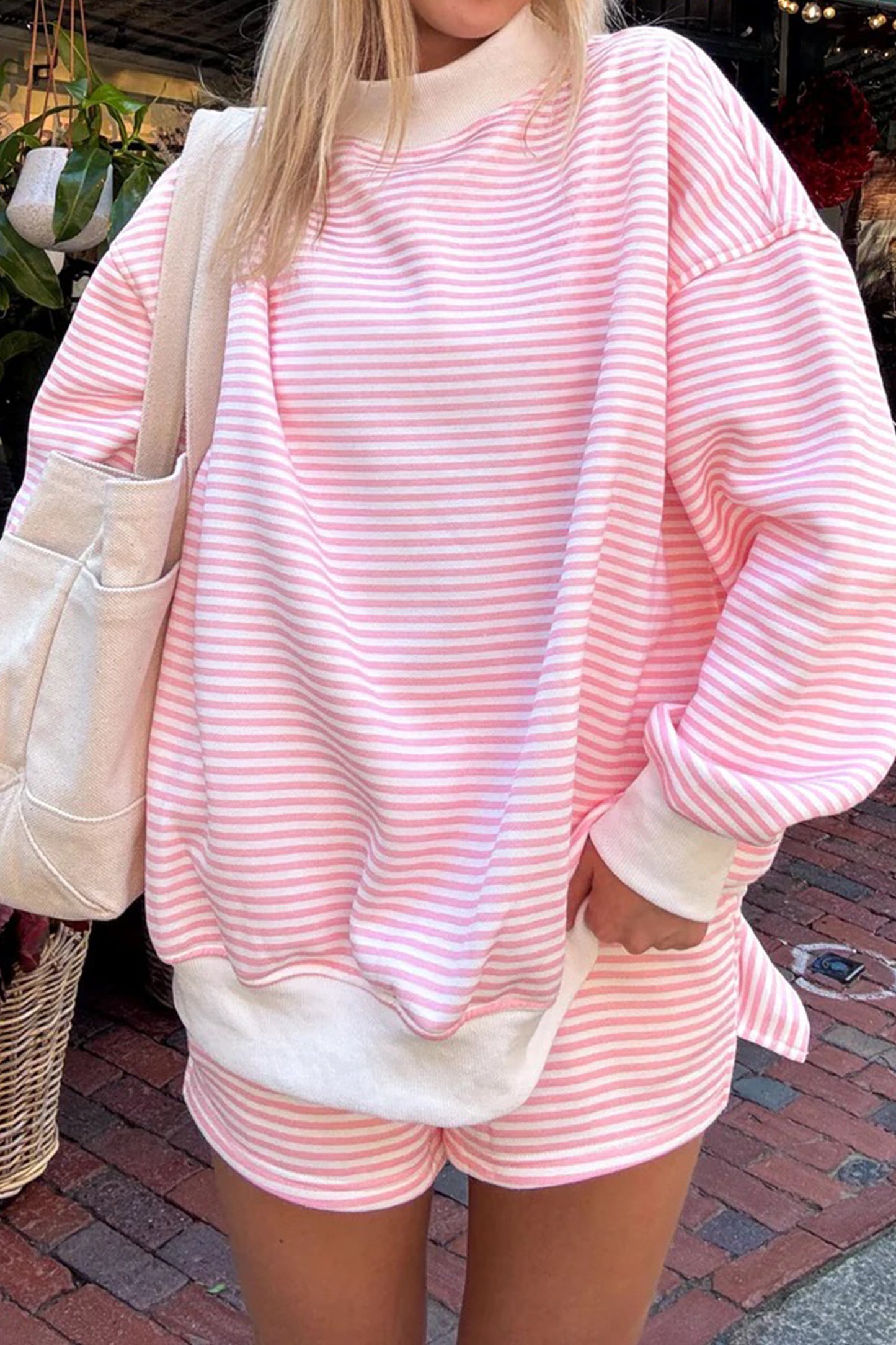 Red Stripe Oversize Mock Neck Sweatshirt & Shorts Set