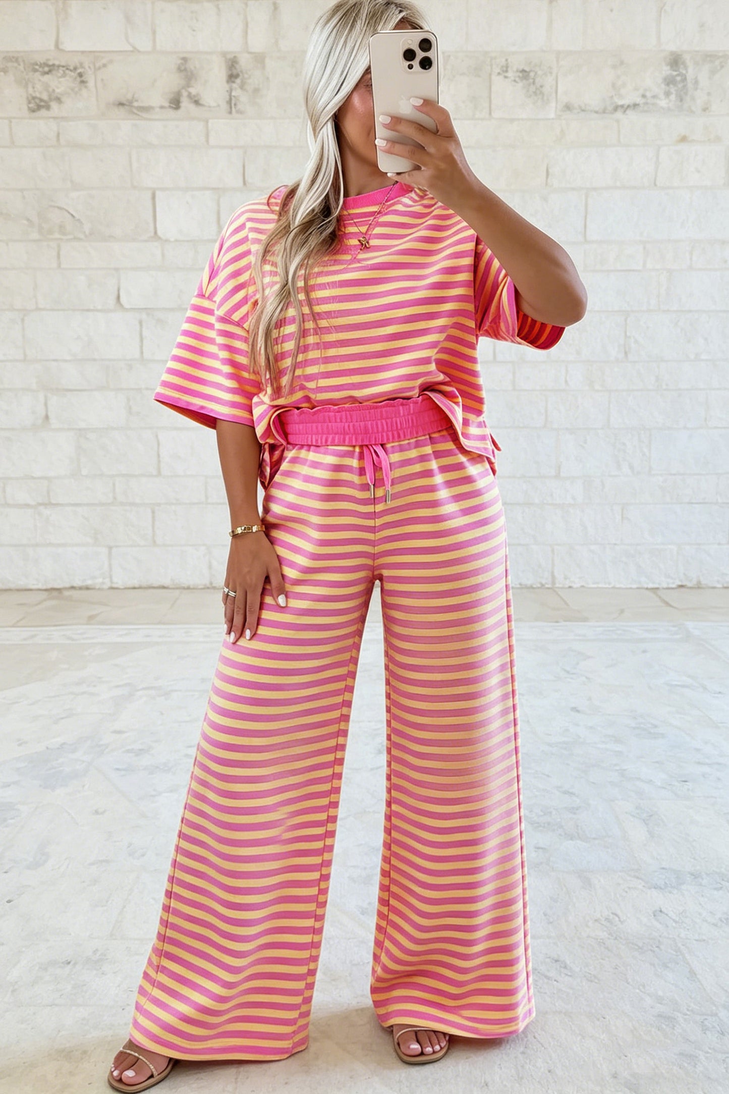 Pink Stripe Crew Neck Pant Set