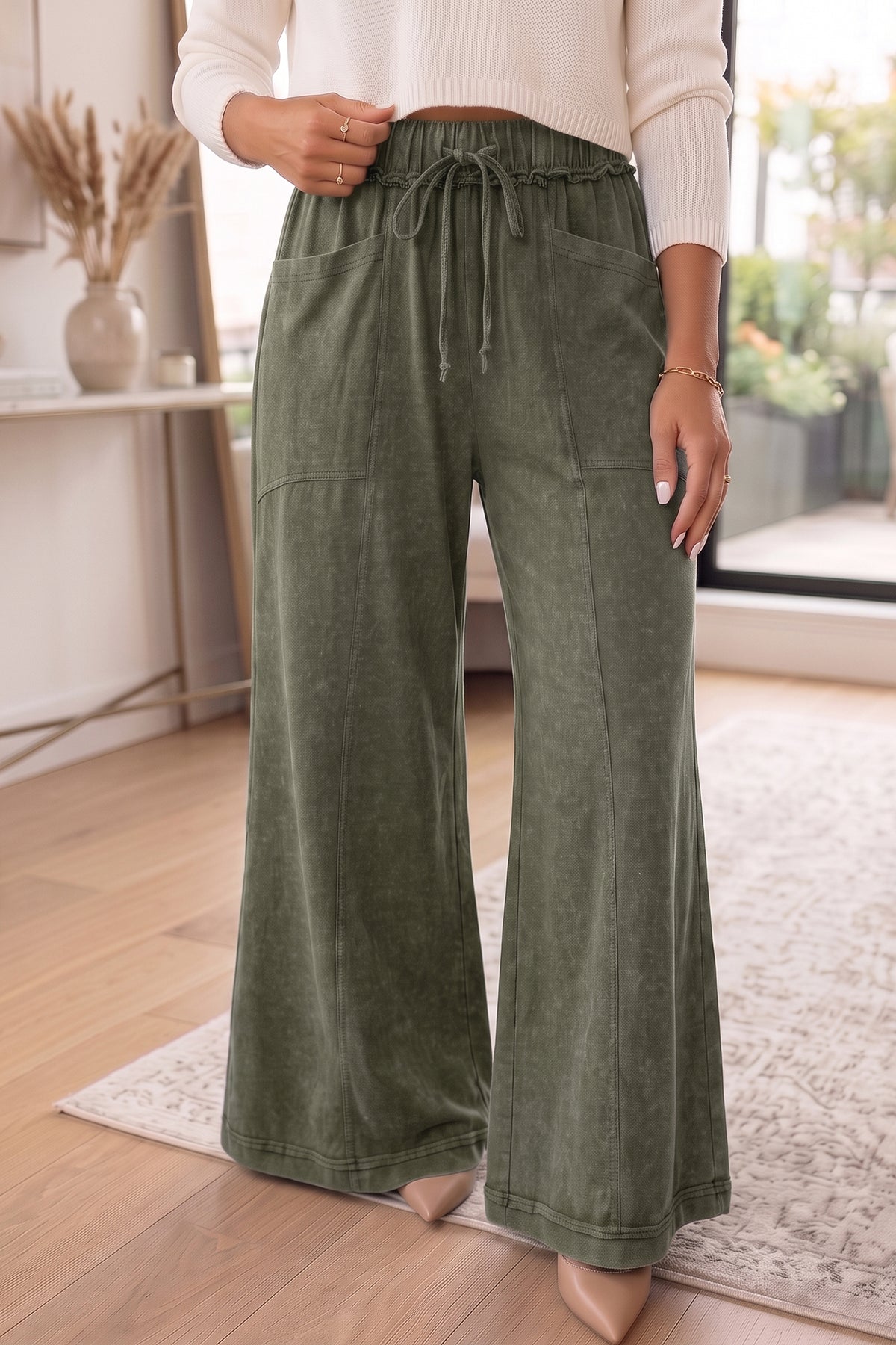 Jungle Green Mineral Wash Flare Leg Pants