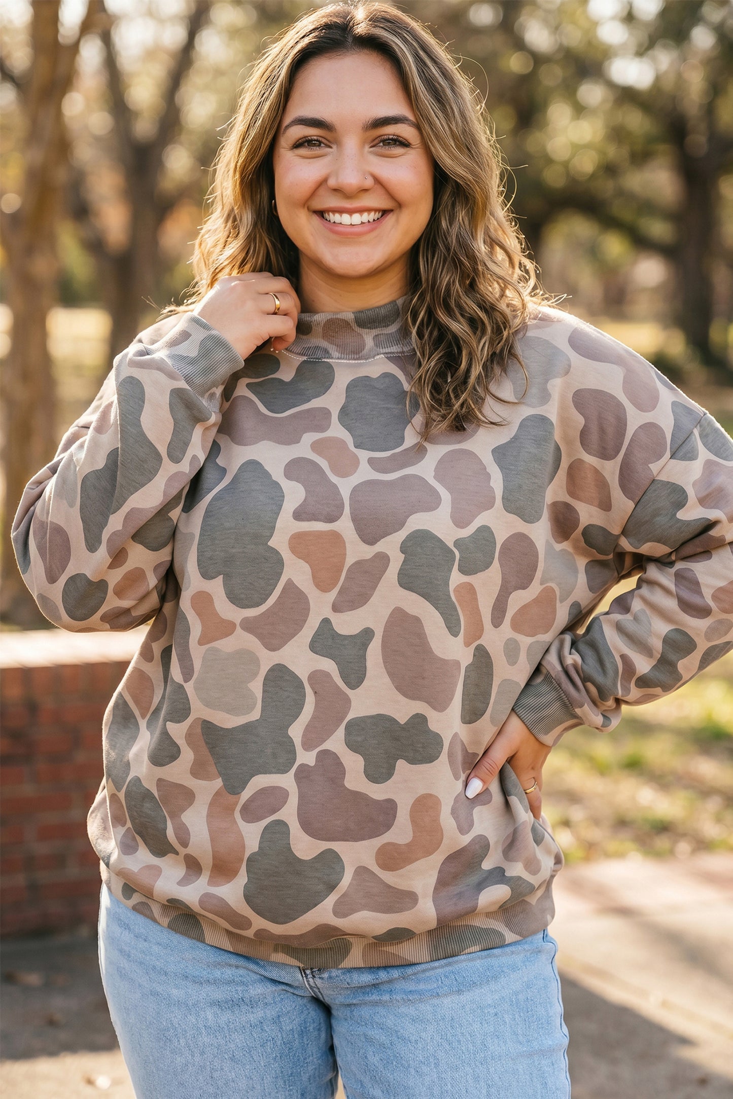 Camo Print Mock Neck Sweatshirt