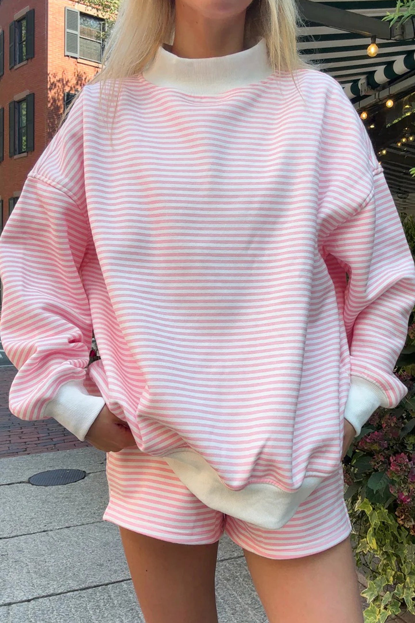 Red Stripe Oversize Mock Neck Sweatshirt & Shorts Set