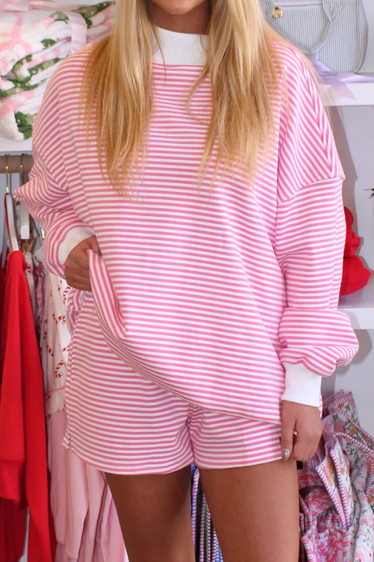 Red Stripe Oversize Mock Neck Sweatshirt & Shorts Set