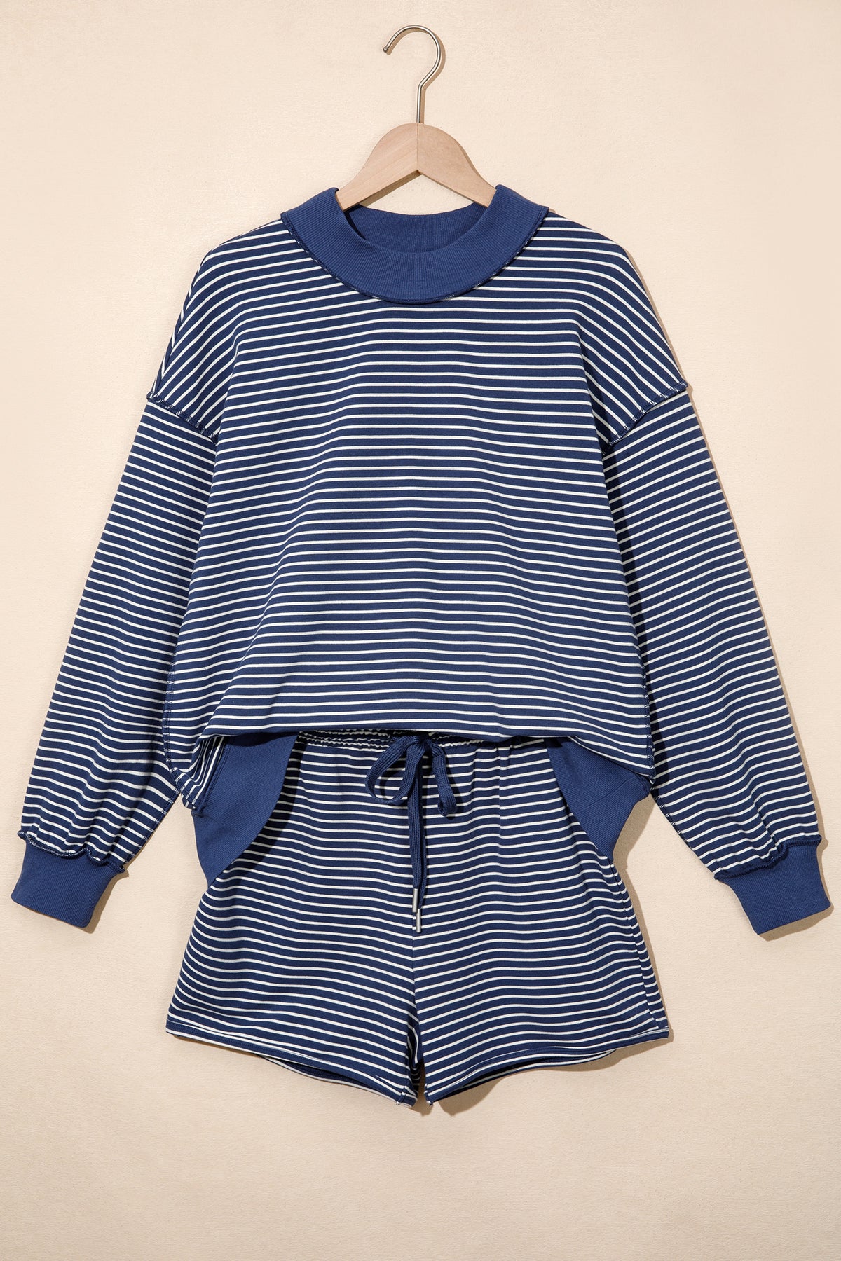 Stripe Ribbed  Mock Neck Baggy Pullover Shorts Set