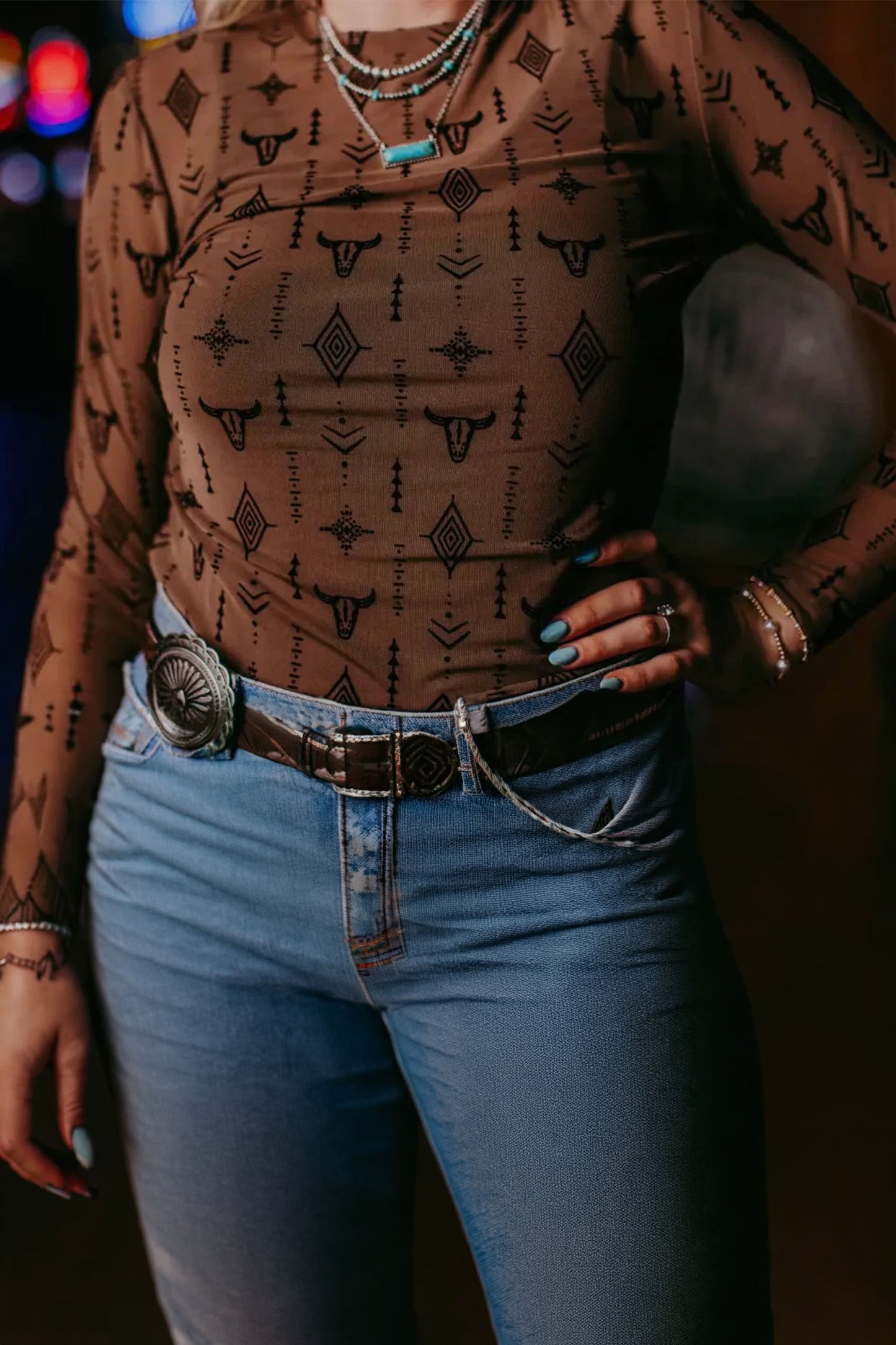 Retro Western Print Mesh Long Sleeve Top