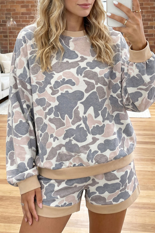Camouflage Long Sleeve Top and Shorts Set