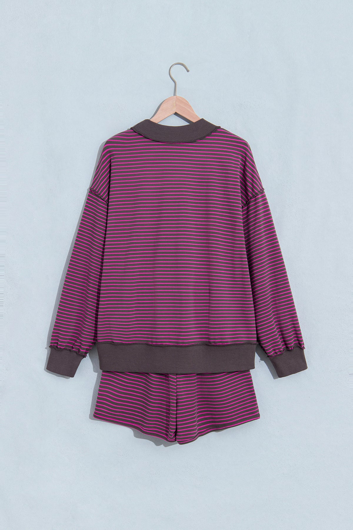 Stripe Ribbed  Mock Neck Baggy Pullover Shorts Set