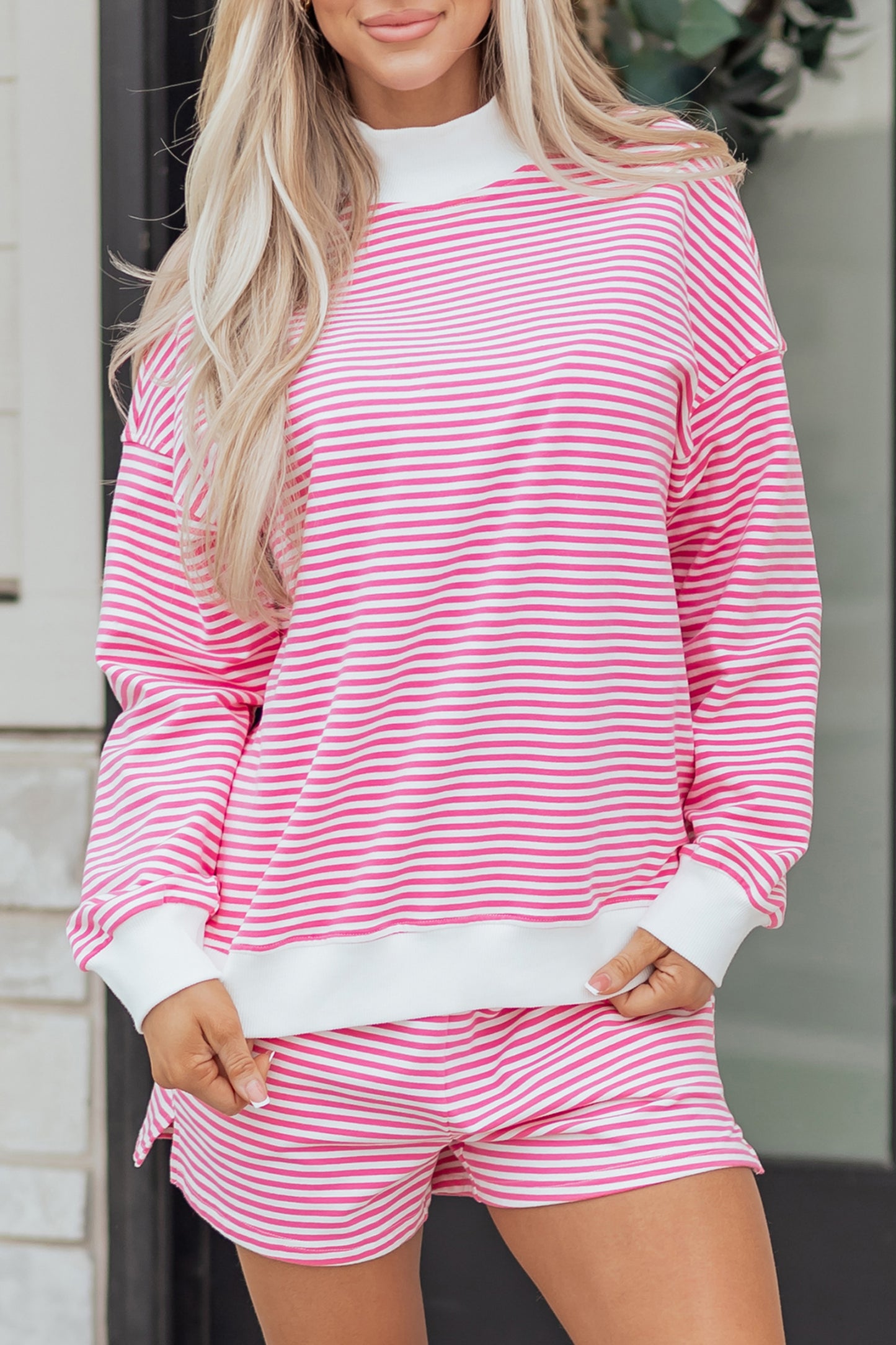 Red Stripe Oversize Mock Neck Sweatshirt & Shorts Set