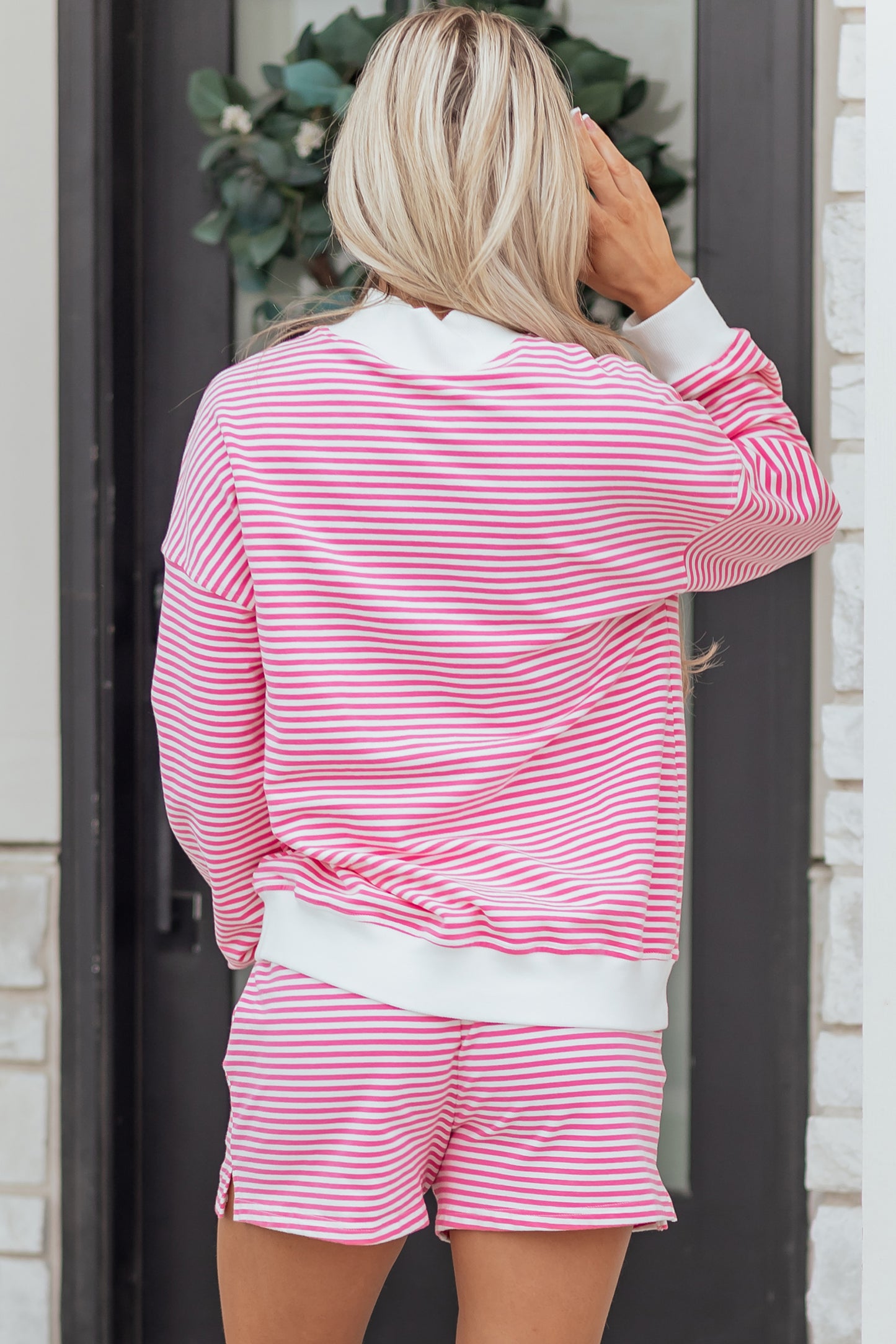 Red Stripe Oversize Mock Neck Sweatshirt & Shorts Set