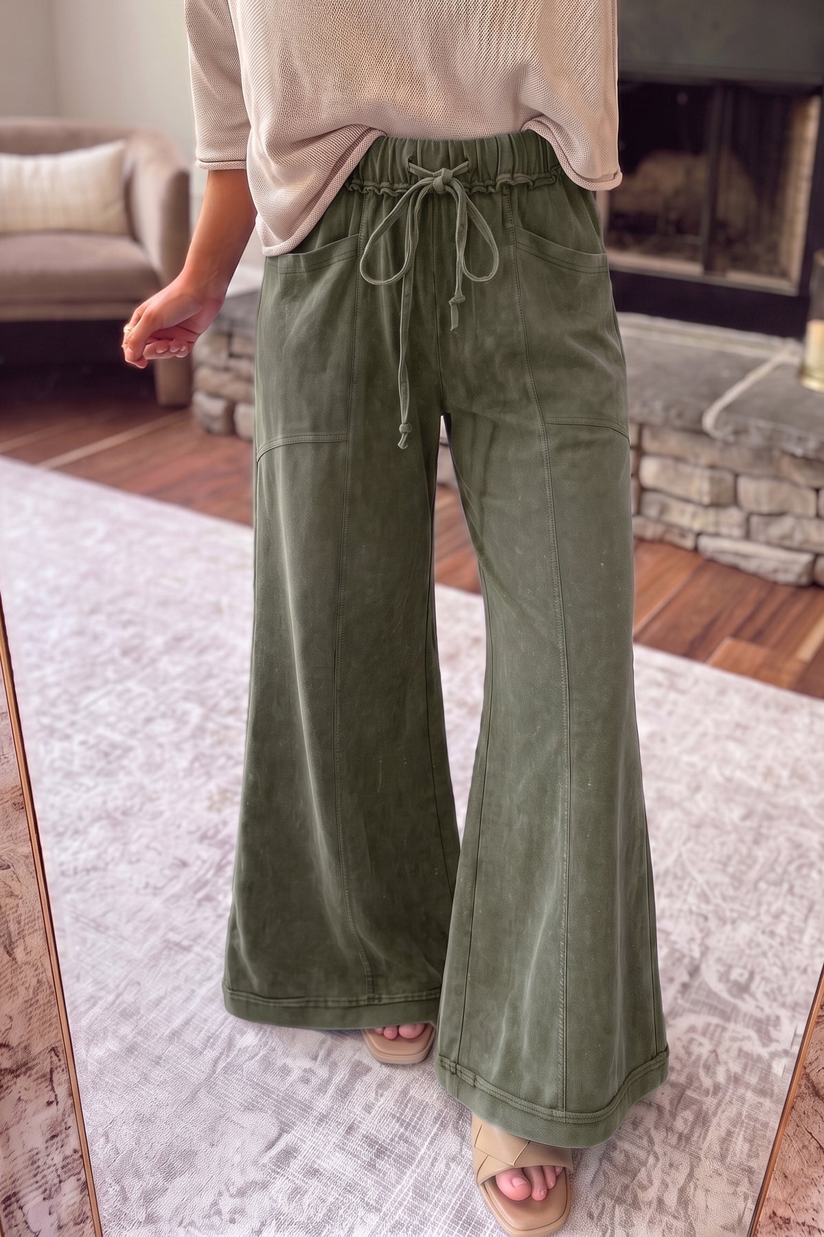 Jungle Green Mineral Wash Flare Leg Pants