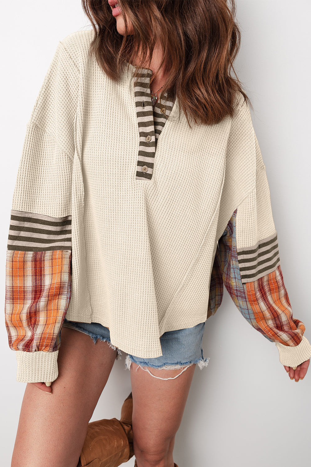 Waffle Stripe Plaid Henley Knit Top
