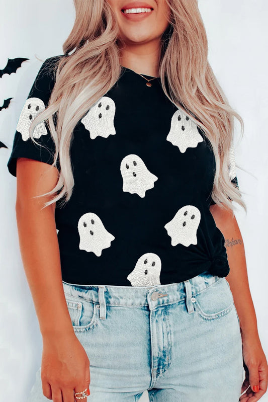 Black Sequin Halloween Ghost Patched Top