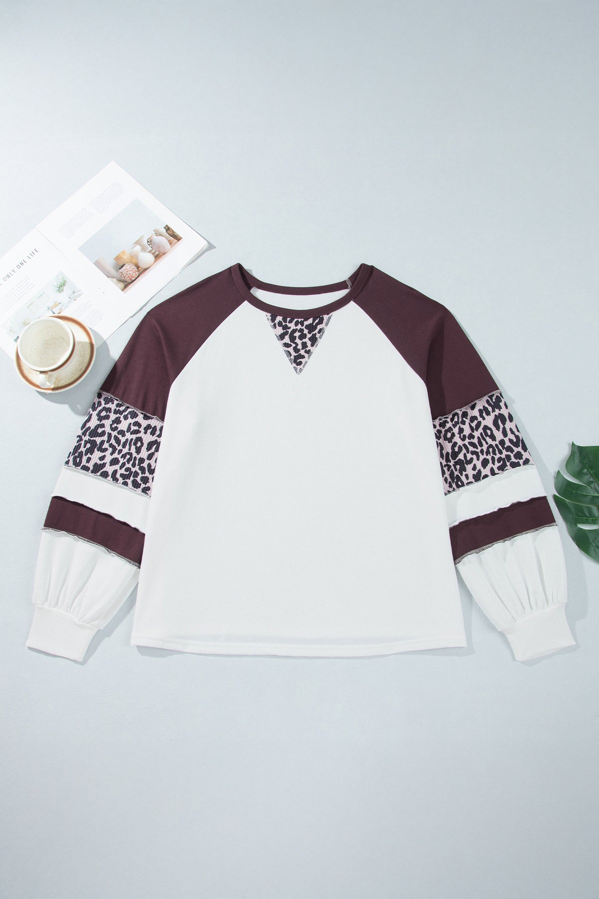 Beige Leopard Print Colorblock Blouse