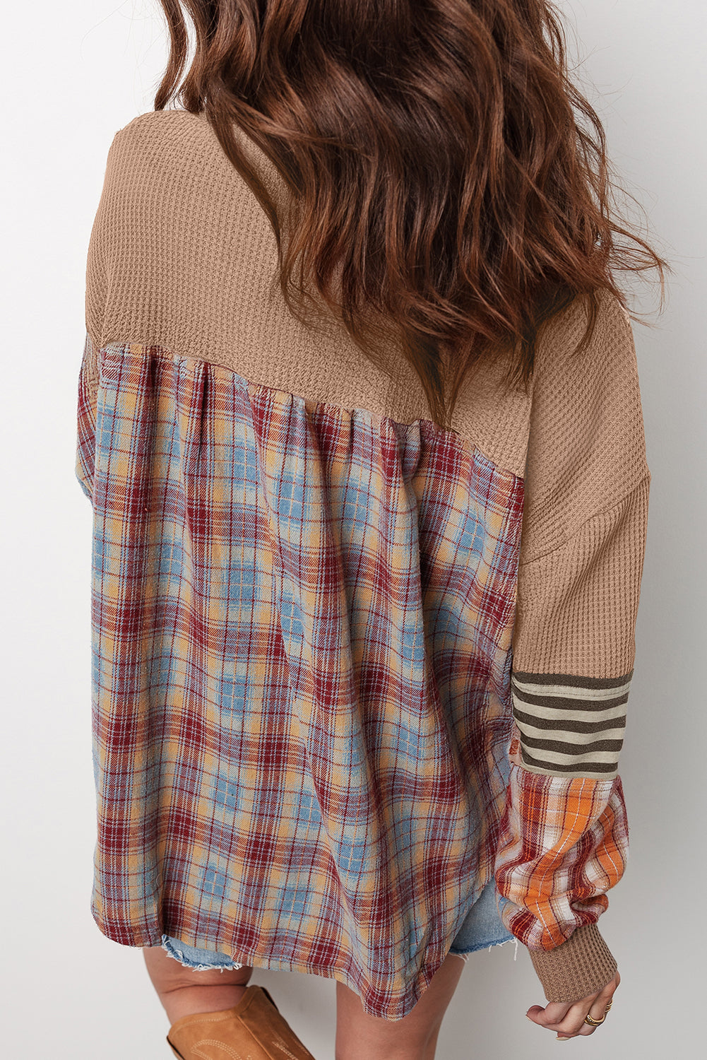 Waffle Stripe Plaid Henley Knit Top