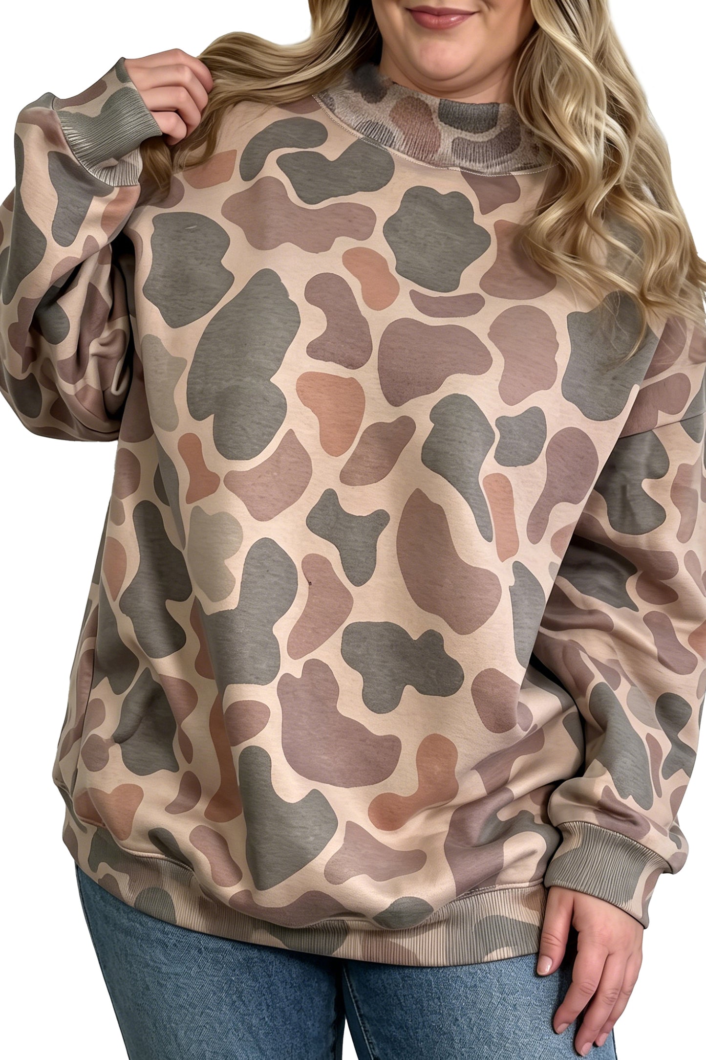 Camo Print Mock Neck Sweatshirt