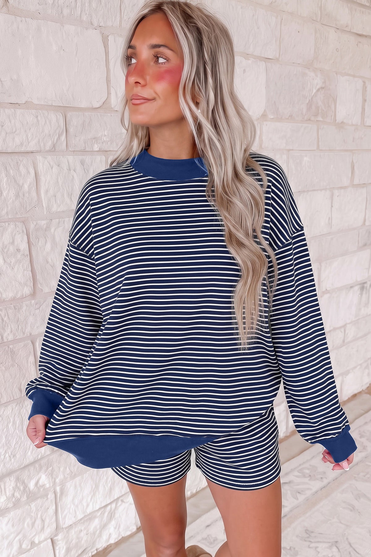 Stripe Ribbed  Mock Neck Baggy Pullover Shorts Set