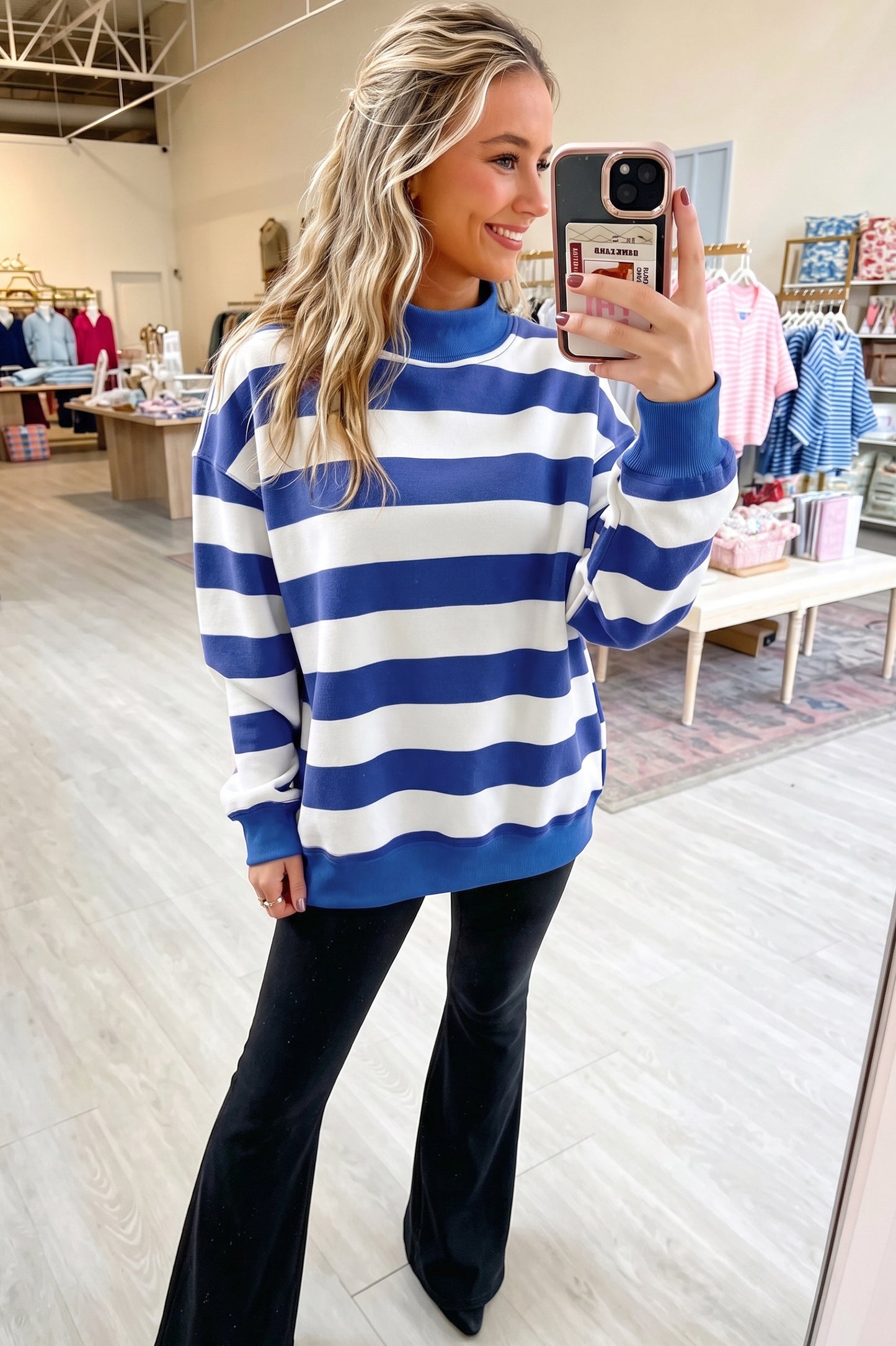 Blue Stripe Colorblock Mock Neck Sweatshirt
