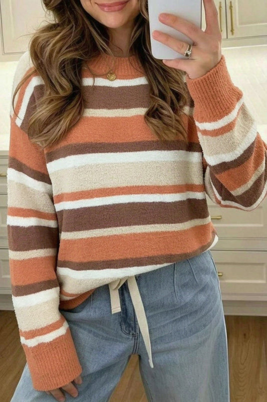 Orange and Mocha Stripe Dropped Shoulder Sweater