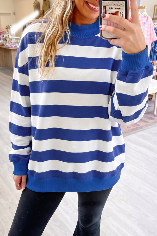 Blue Stripe Colorblock Mock Neck Sweatshirt