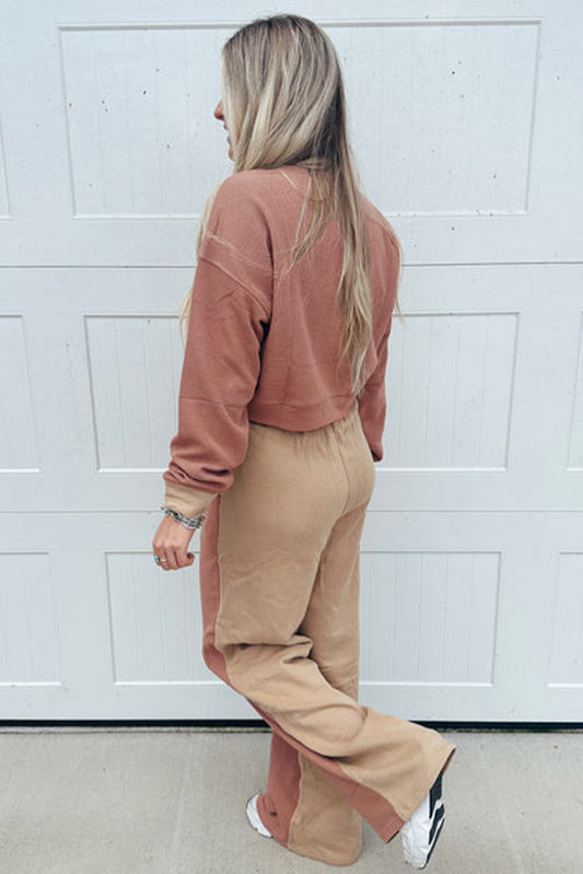 Khaki Color Block Long Sleeve Crop Top & Pant Set