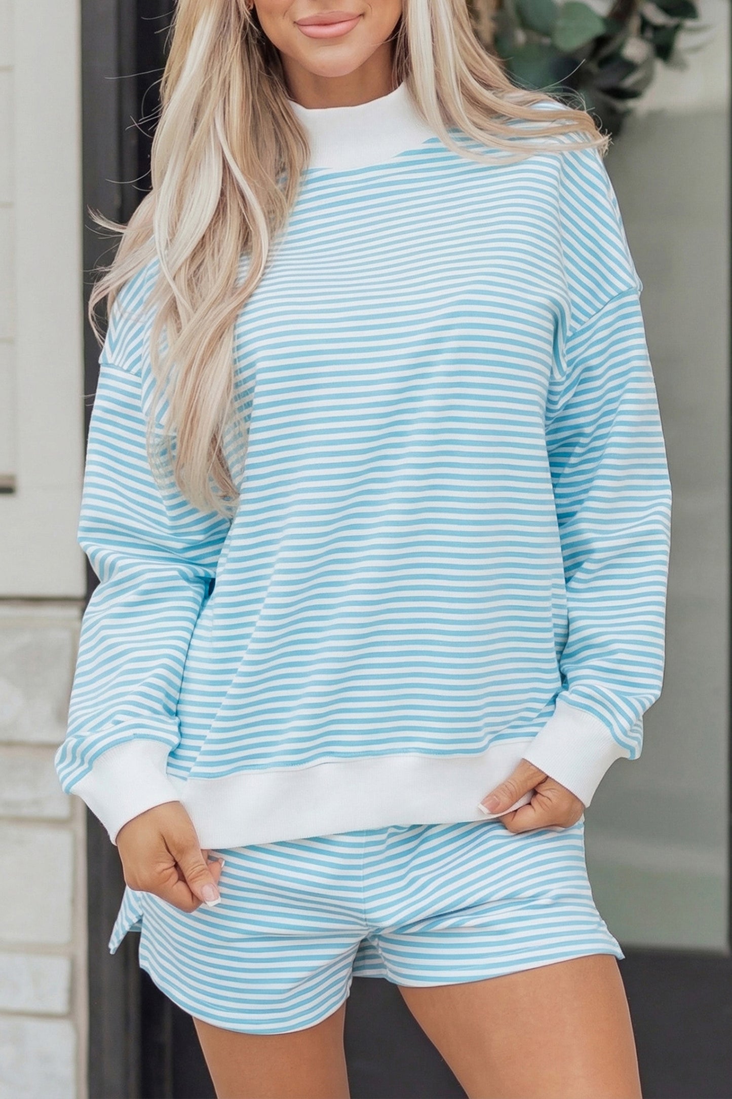 Red Stripe Oversize Mock Neck Sweatshirt & Shorts Set