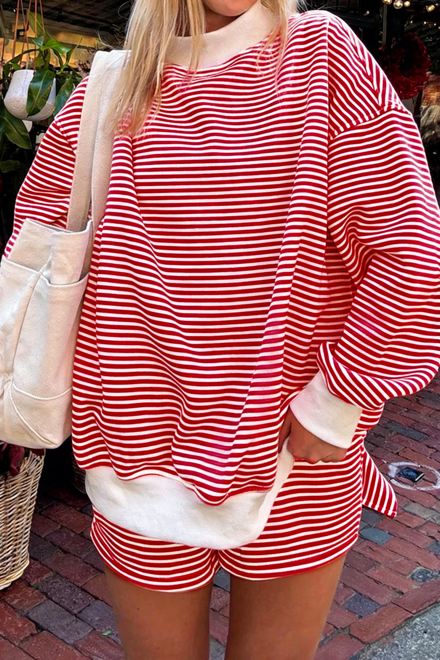 Red Stripe Oversize Mock Neck Sweatshirt & Shorts Set