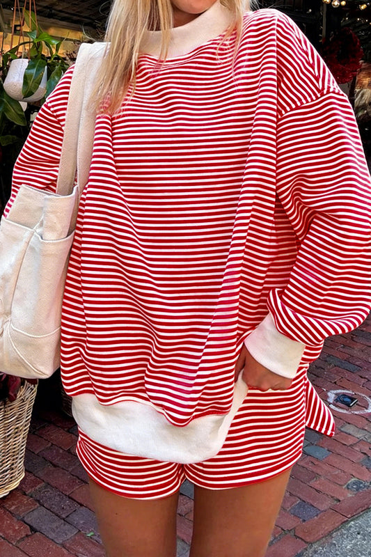 Red Stripe Oversize Mock Neck Sweatshirt & Shorts Set