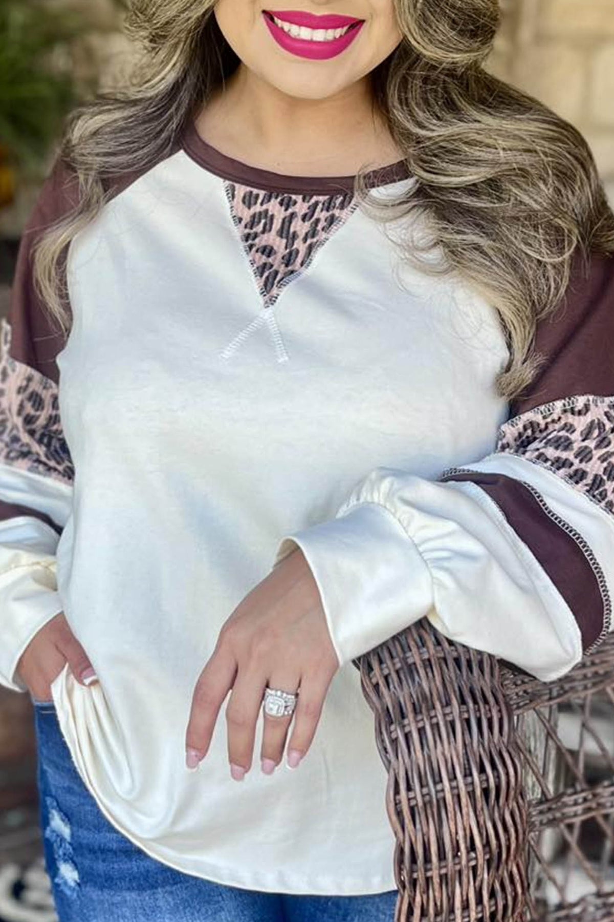 Beige Leopard Print Colorblock Blouse