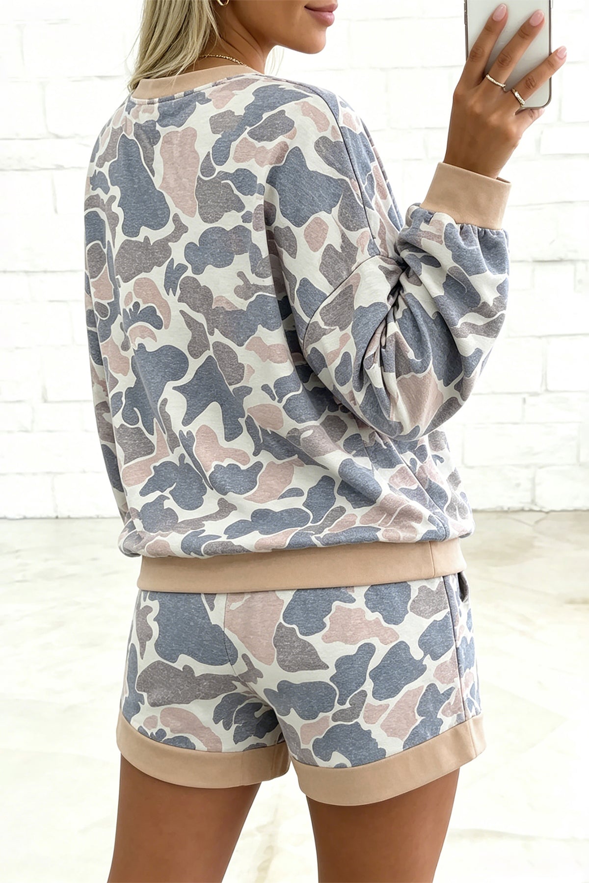 Camouflage Long Sleeve Top and Shorts Set