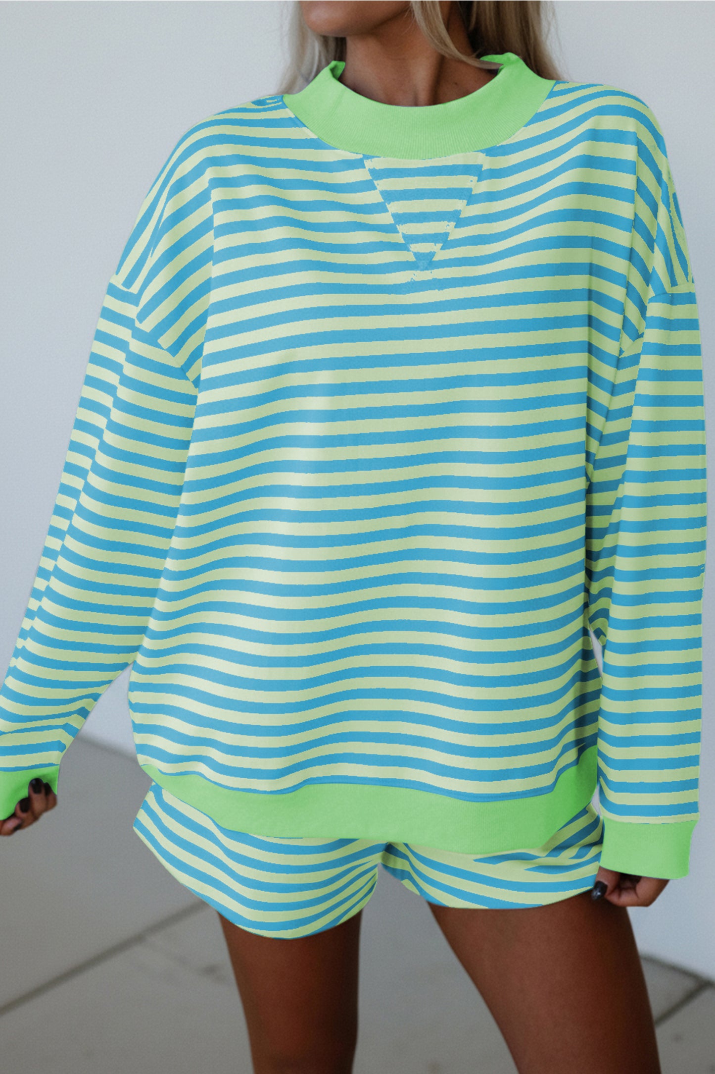 Striped Color Block Long Sleeve Pullover and Short Set