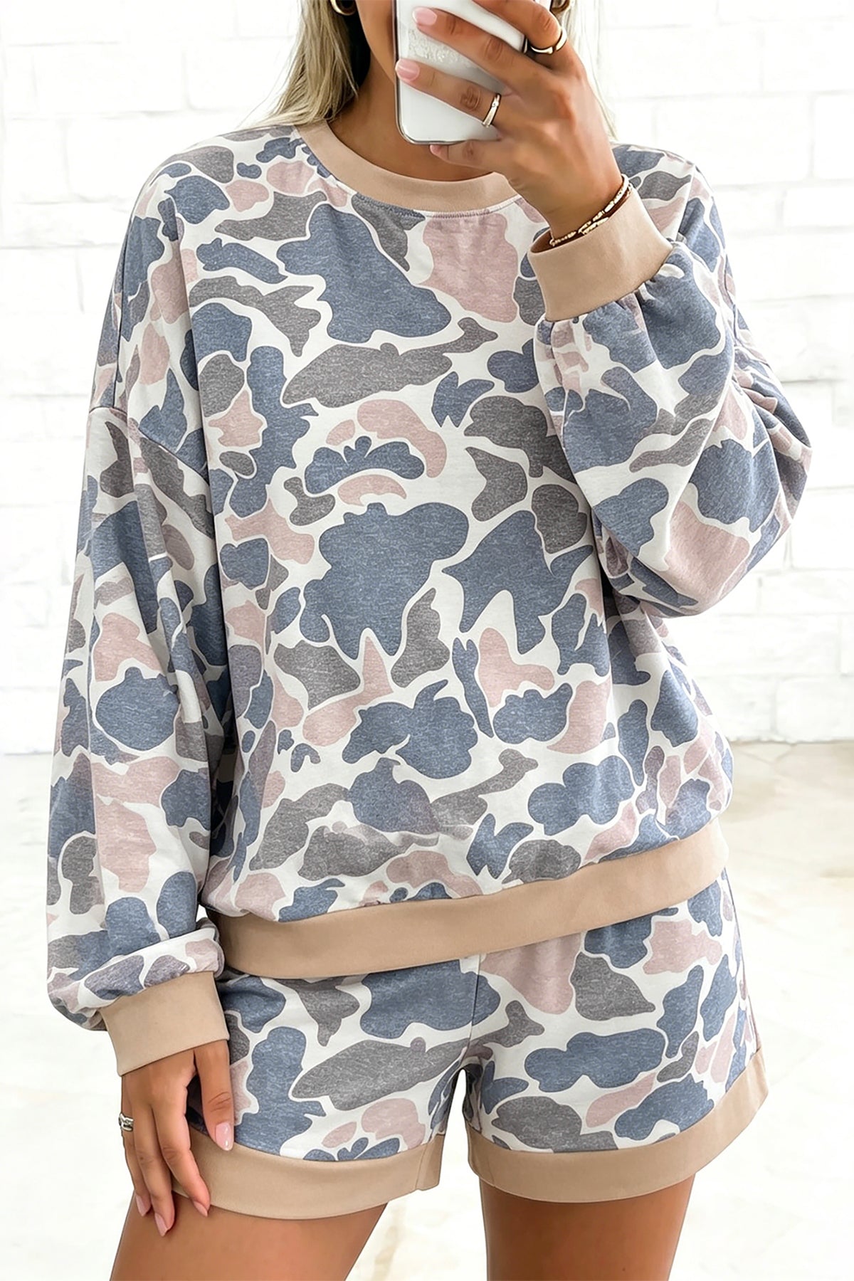 Camouflage Long Sleeve Top and Shorts Set