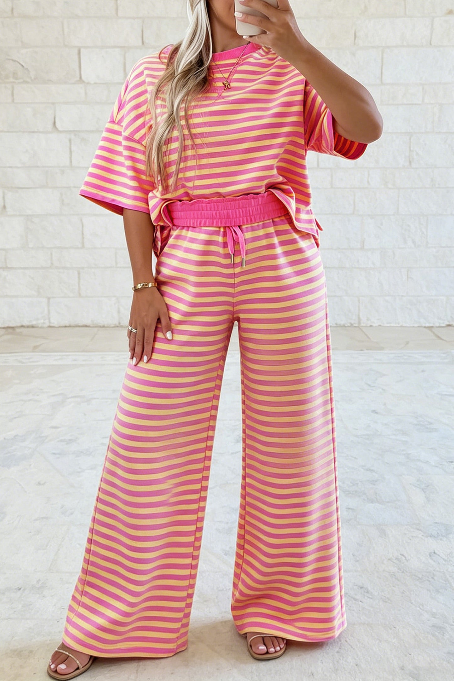 Pink Stripe Crew Neck Pant Set