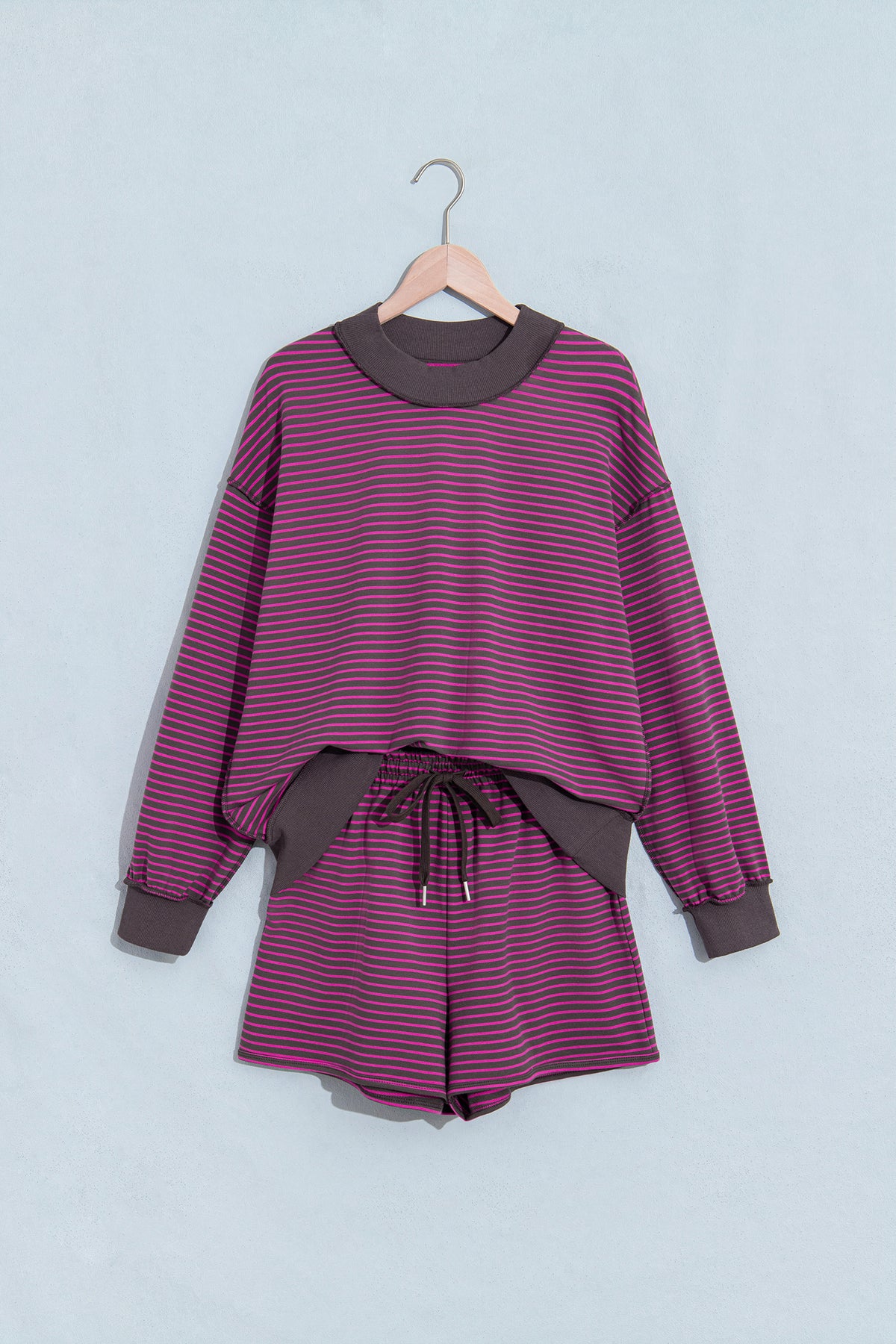 Stripe Ribbed  Mock Neck Baggy Pullover Shorts Set