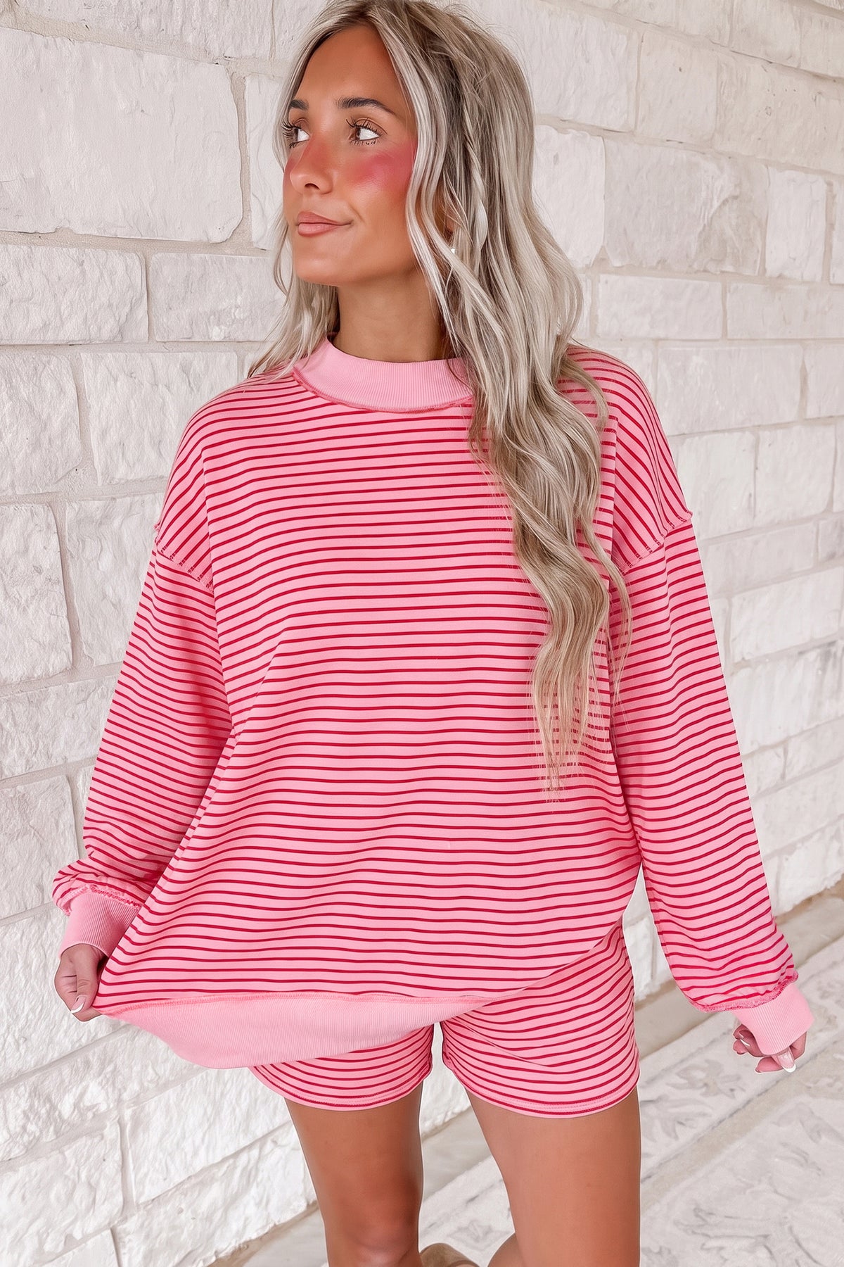 Stripe Ribbed  Mock Neck Baggy Pullover Shorts Set