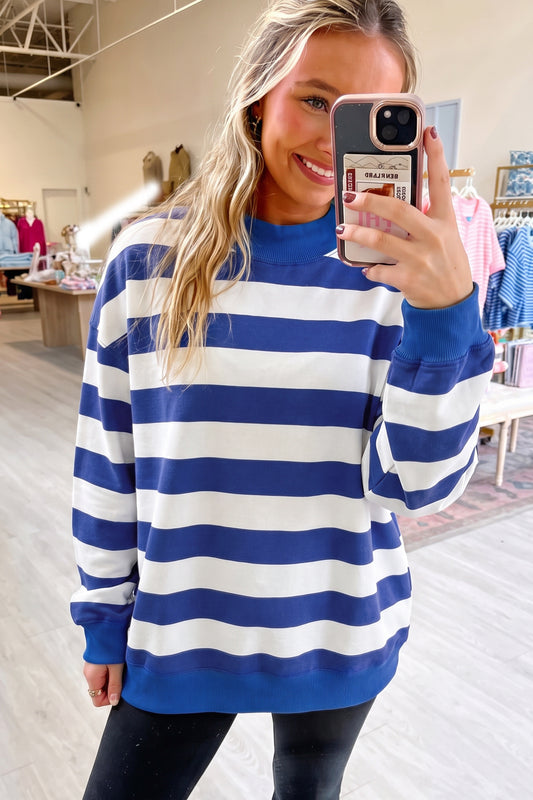 Blue Stripe Colorblock Mock Neck Sweatshirt