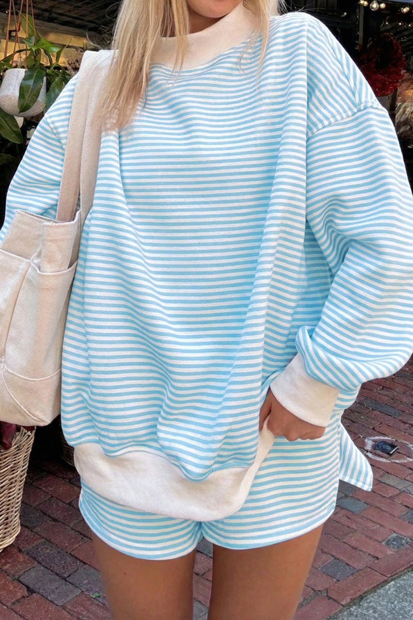 Red Stripe Oversize Mock Neck Sweatshirt & Shorts Set