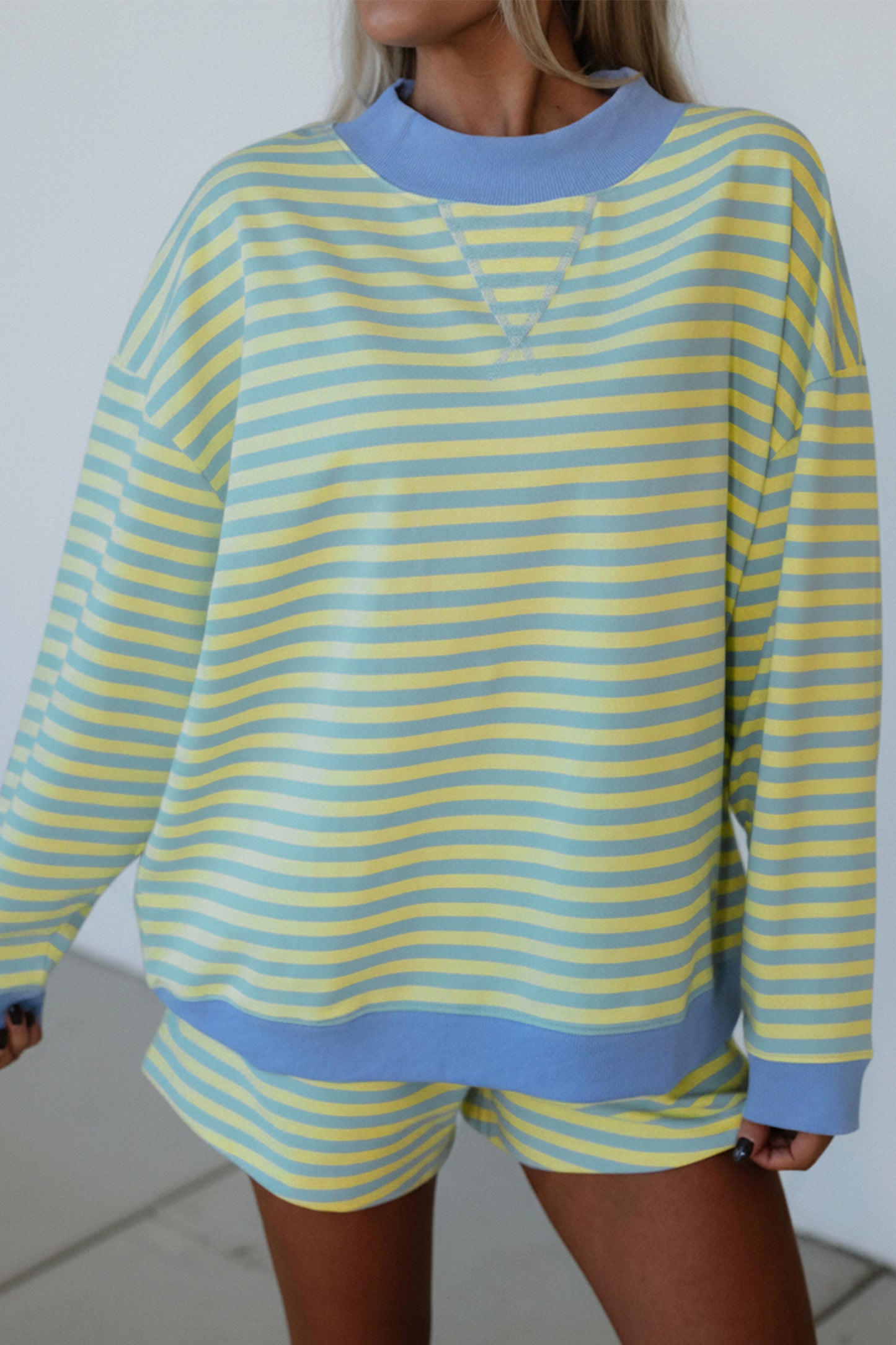 Striped Color Block Long Sleeve Pullover and Short Set