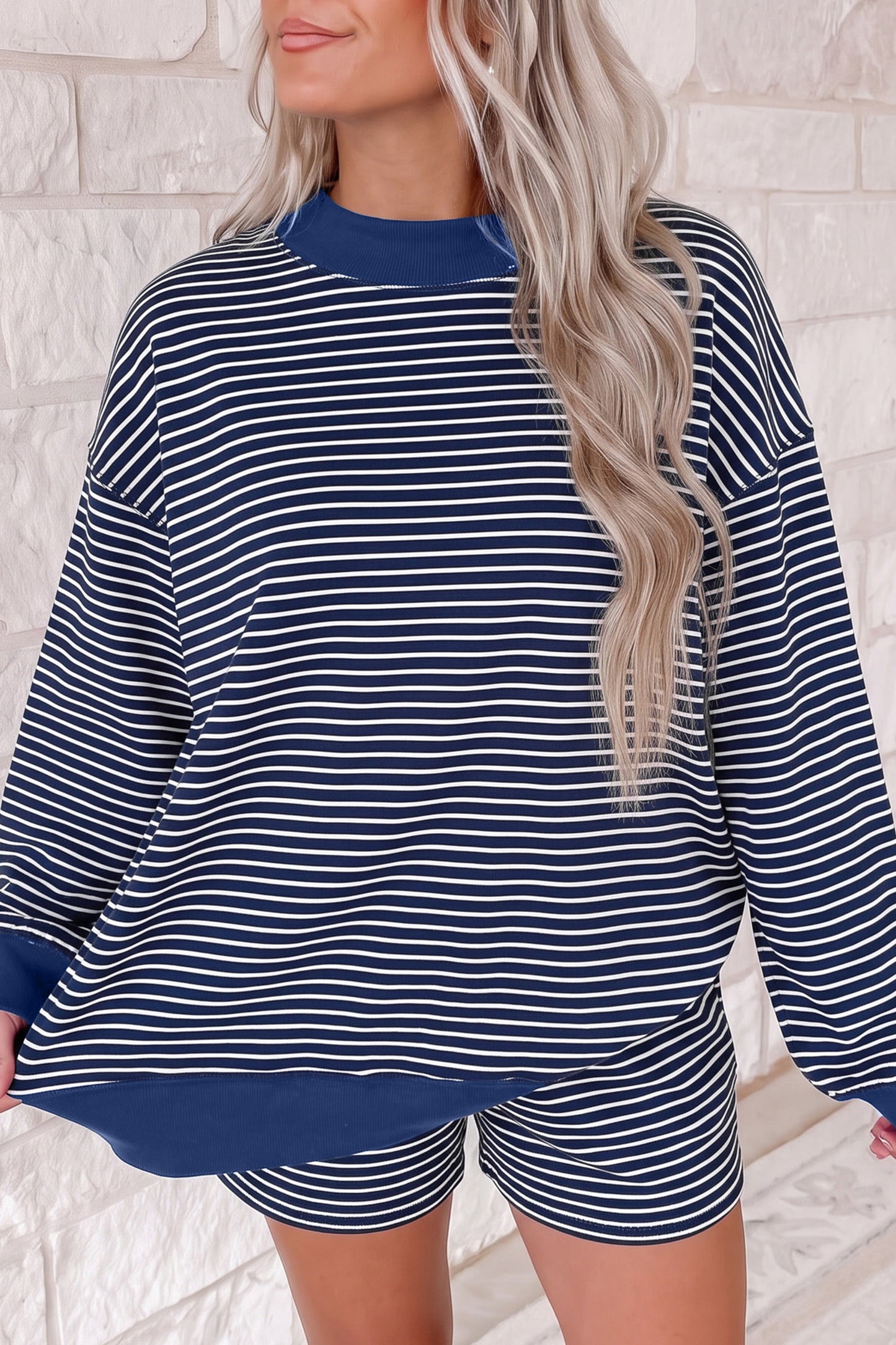 Stripe Ribbed  Mock Neck Baggy Pullover Shorts Set