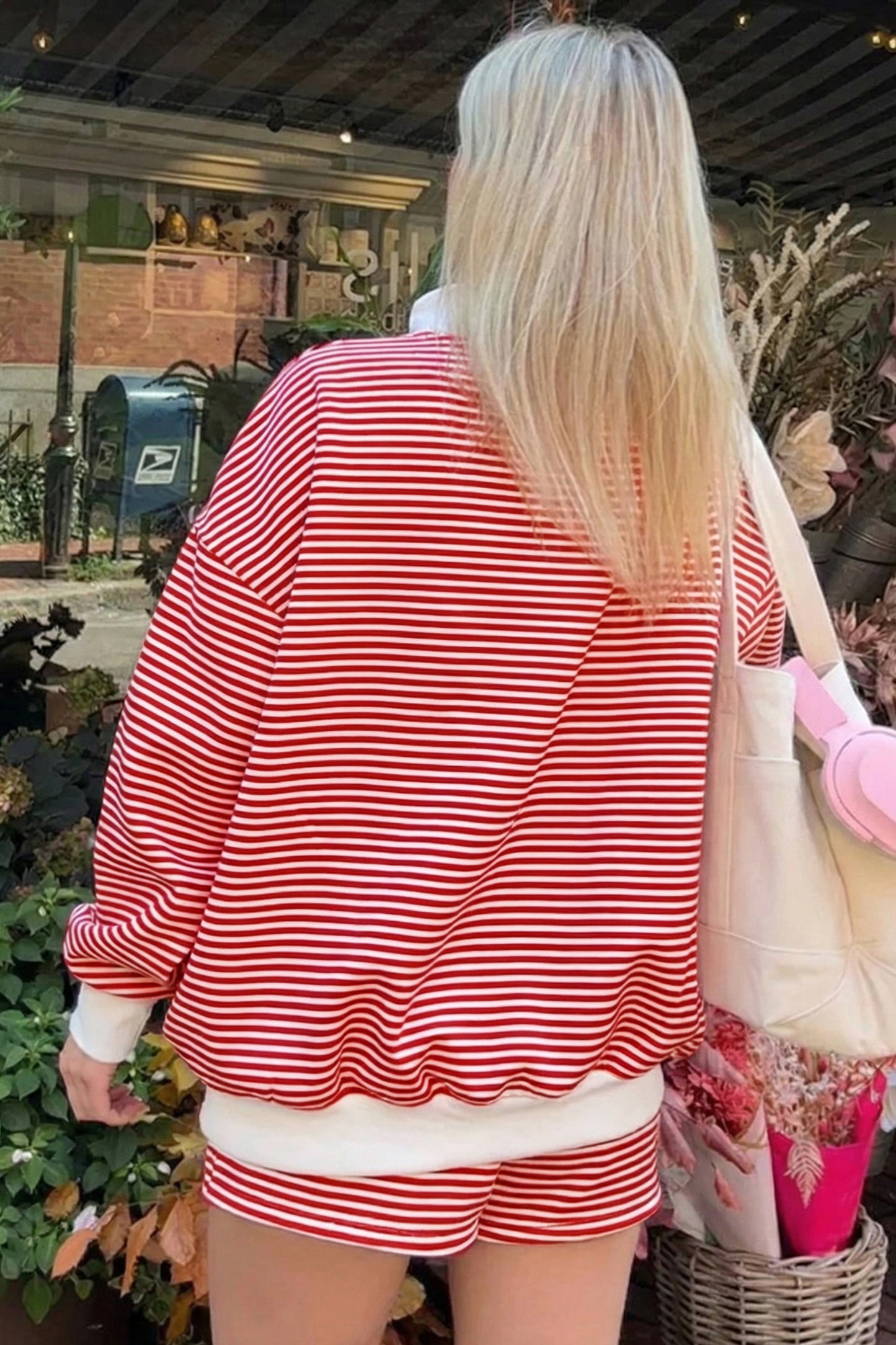 Red Stripe Oversize Mock Neck Sweatshirt & Shorts Set