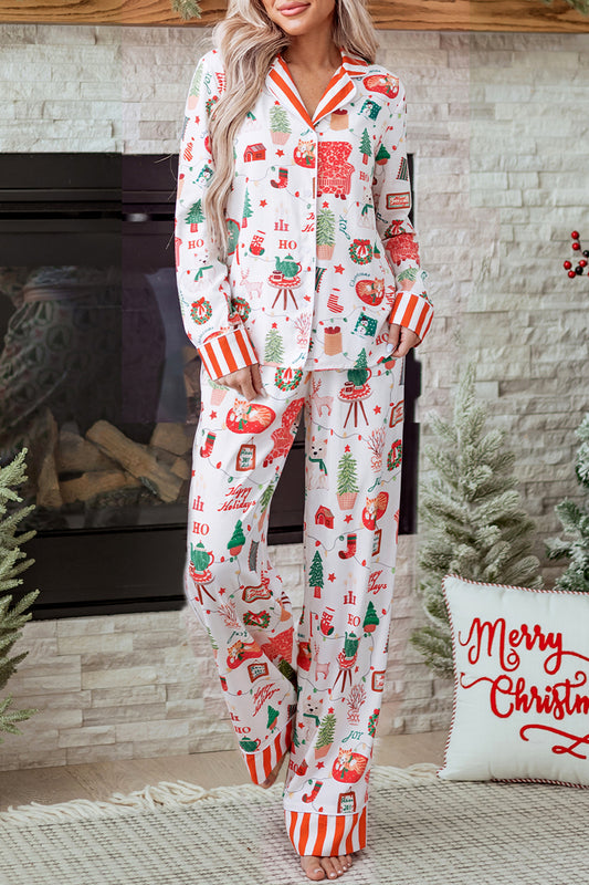 White Holiday Long Sleeve Two Piece Lounge Set