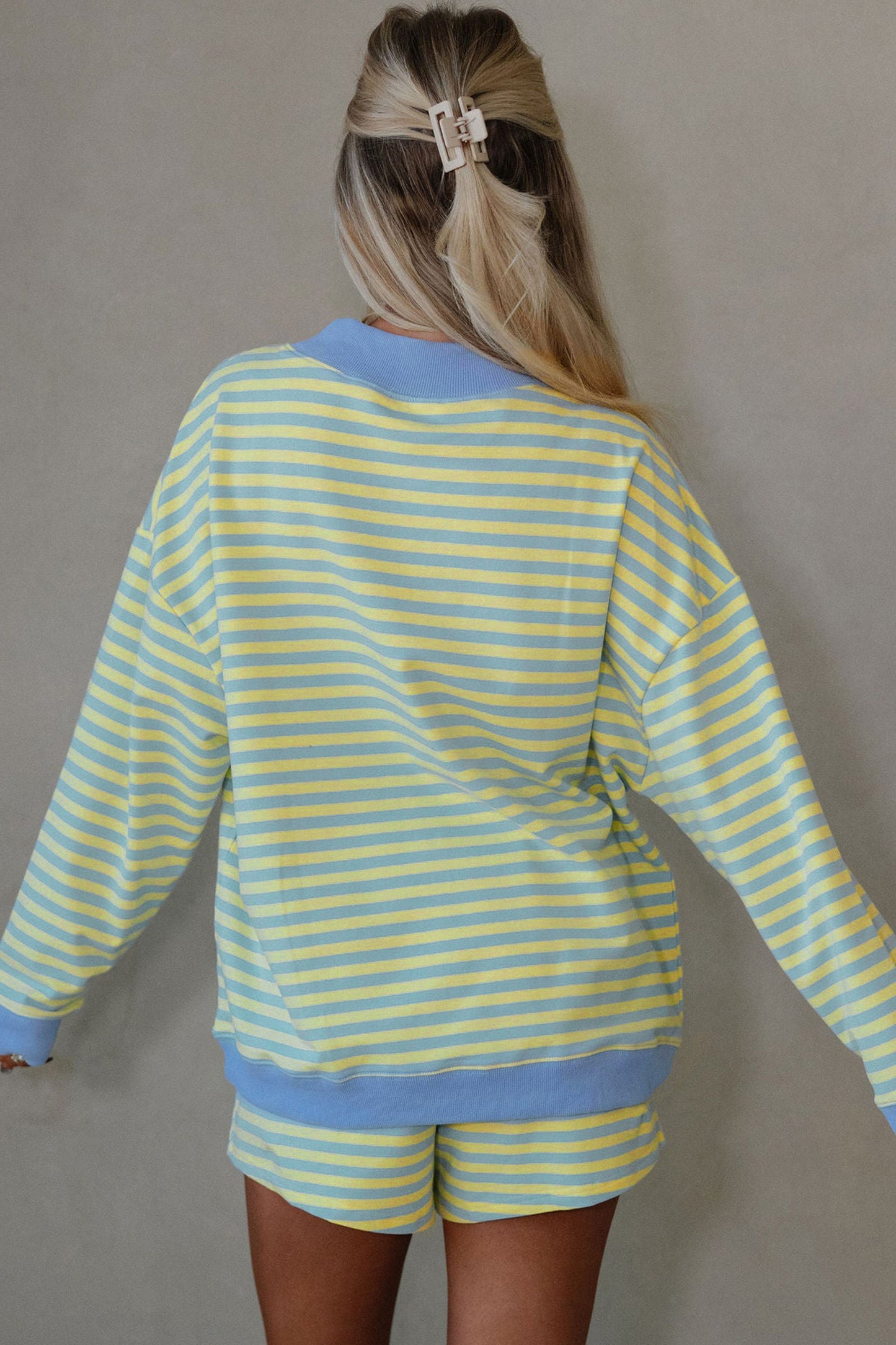 Striped Color Block Long Sleeve Pullover and Short Set