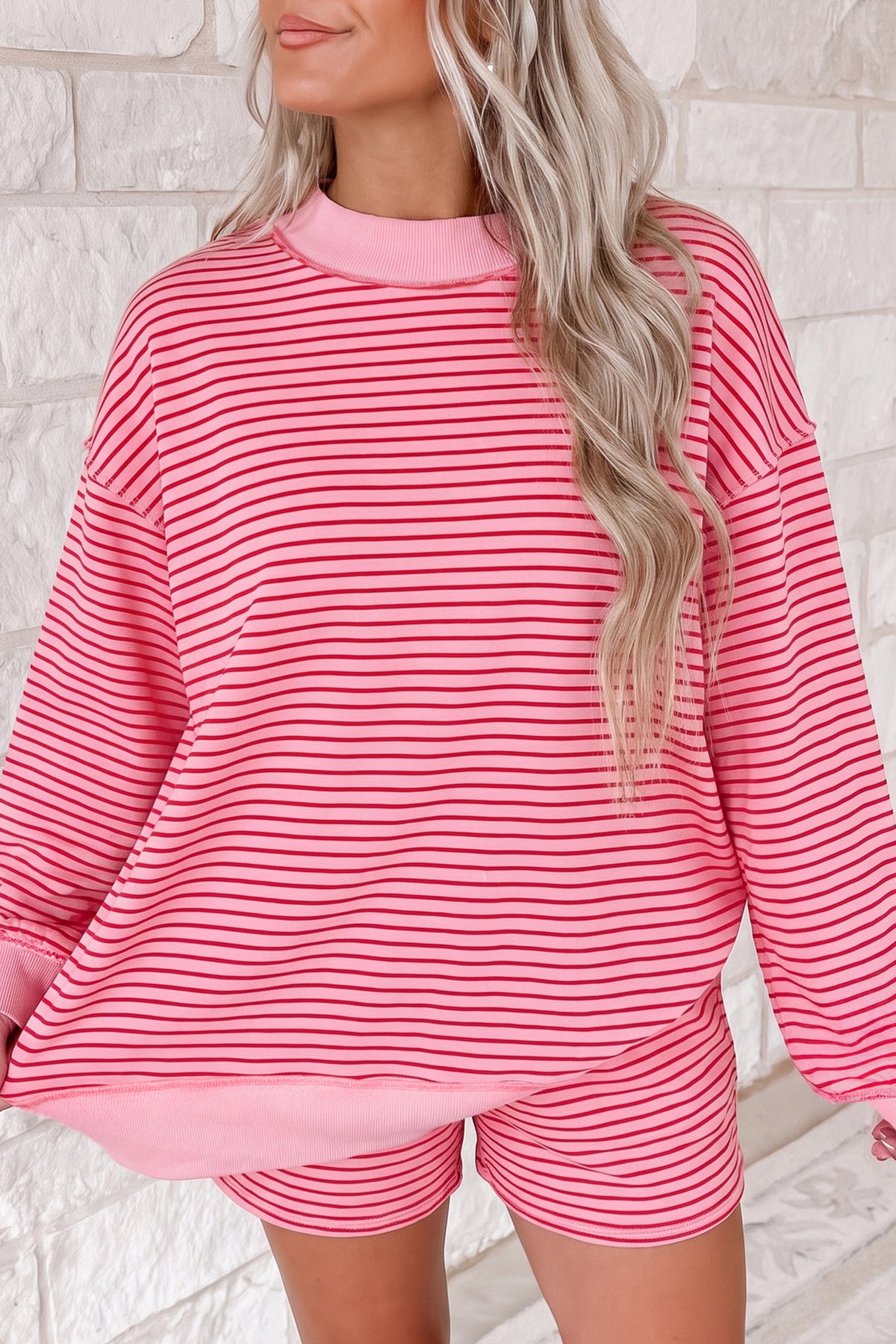 Stripe Ribbed  Mock Neck Baggy Pullover Shorts Set
